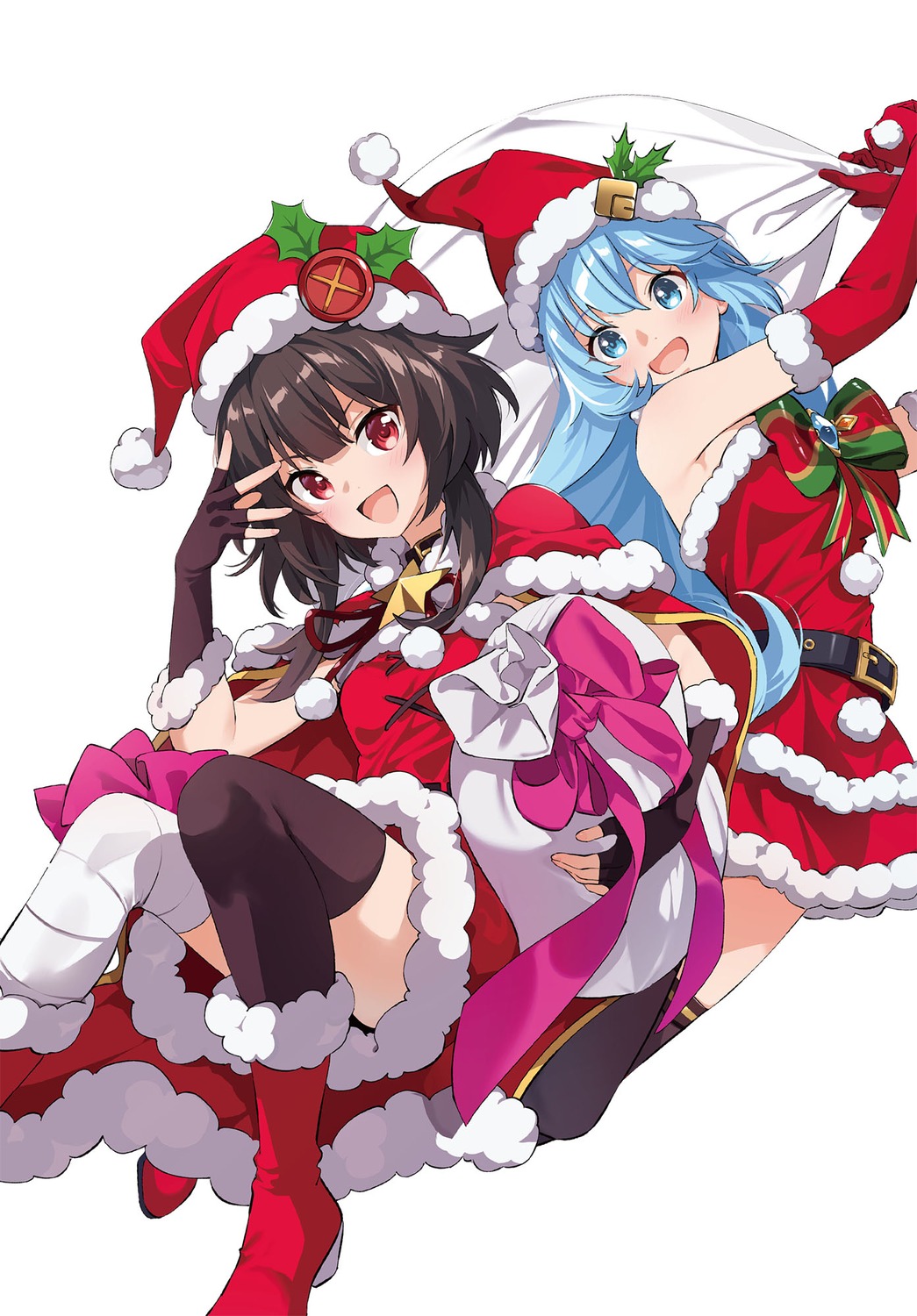 aqua_(konosuba) bandages christmas dress kono_subarashii_sekai_ni_shukufuku_wo! megumin morino_kasumi no_bra thighhighs