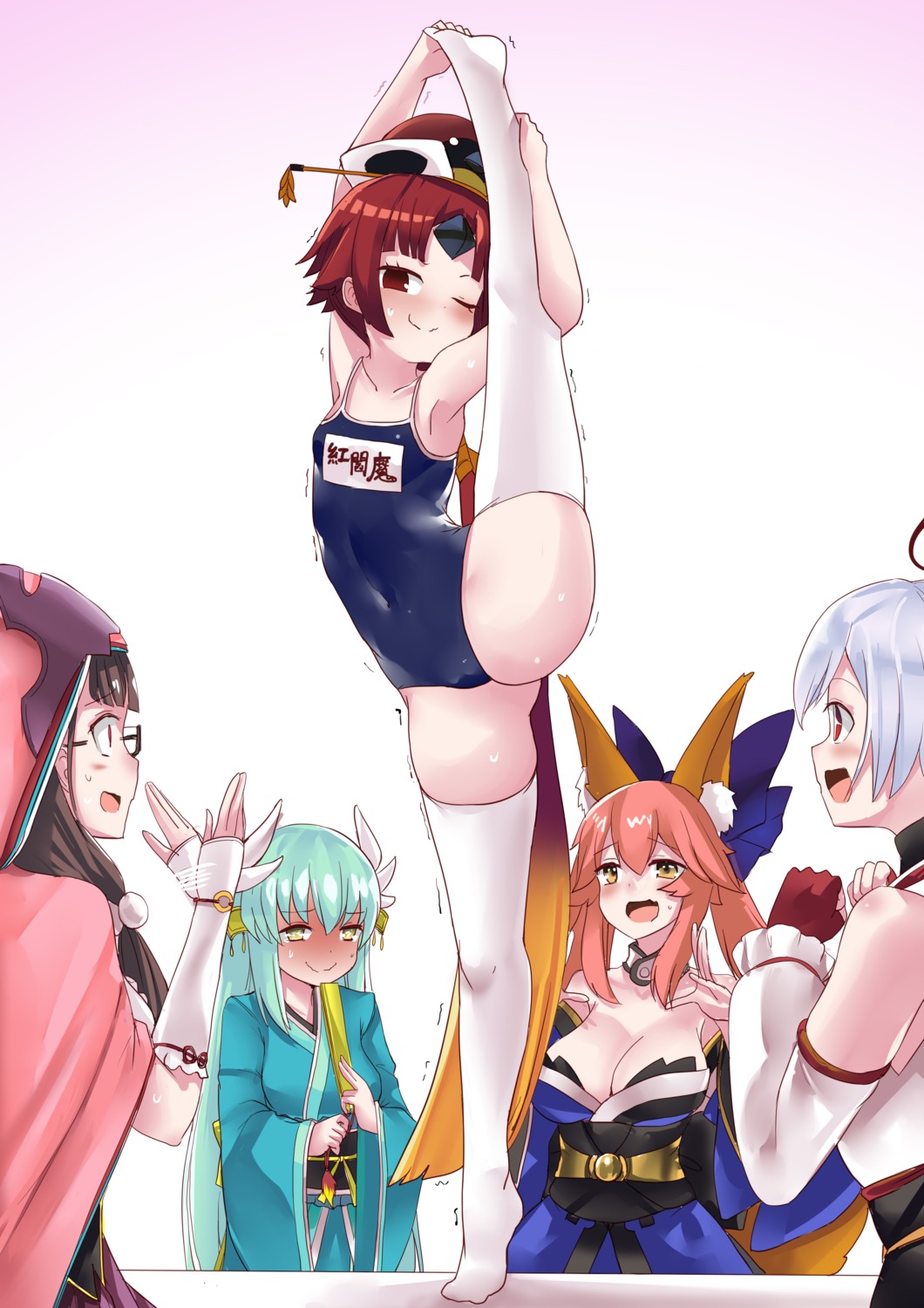 animal_ears benienma_(fate/grand_order) cameltoe cleavage fate/grand_order horns japanese_clothes kimono kitsune kiyohime_(fate/grand_order) loli megane no_bra osakabe-hime_(fate/grand_order) school_swimsuit senbon_tsuki swimsuits tail tamamo_no_mae thighhighs tomoe_gozen_(fate/grand_order)