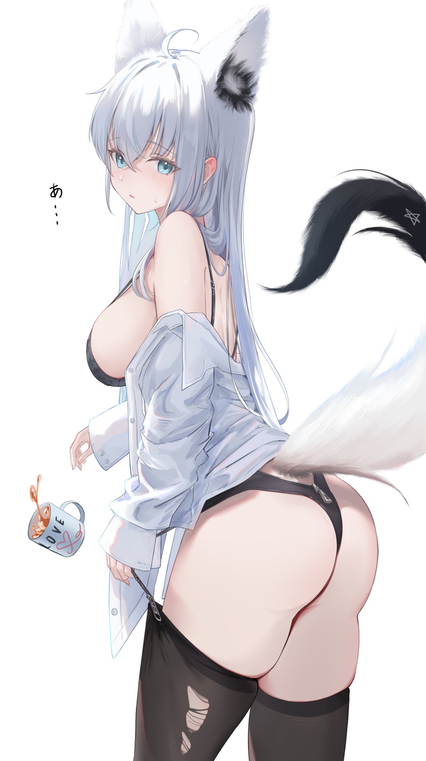 animal_ears bra dress_shirt hololive hololive_gamers kitsune open_shirt pantsu shirakami_fubuki stockings tail tanishi_(hetianming11093) thighhighs torn_clothes