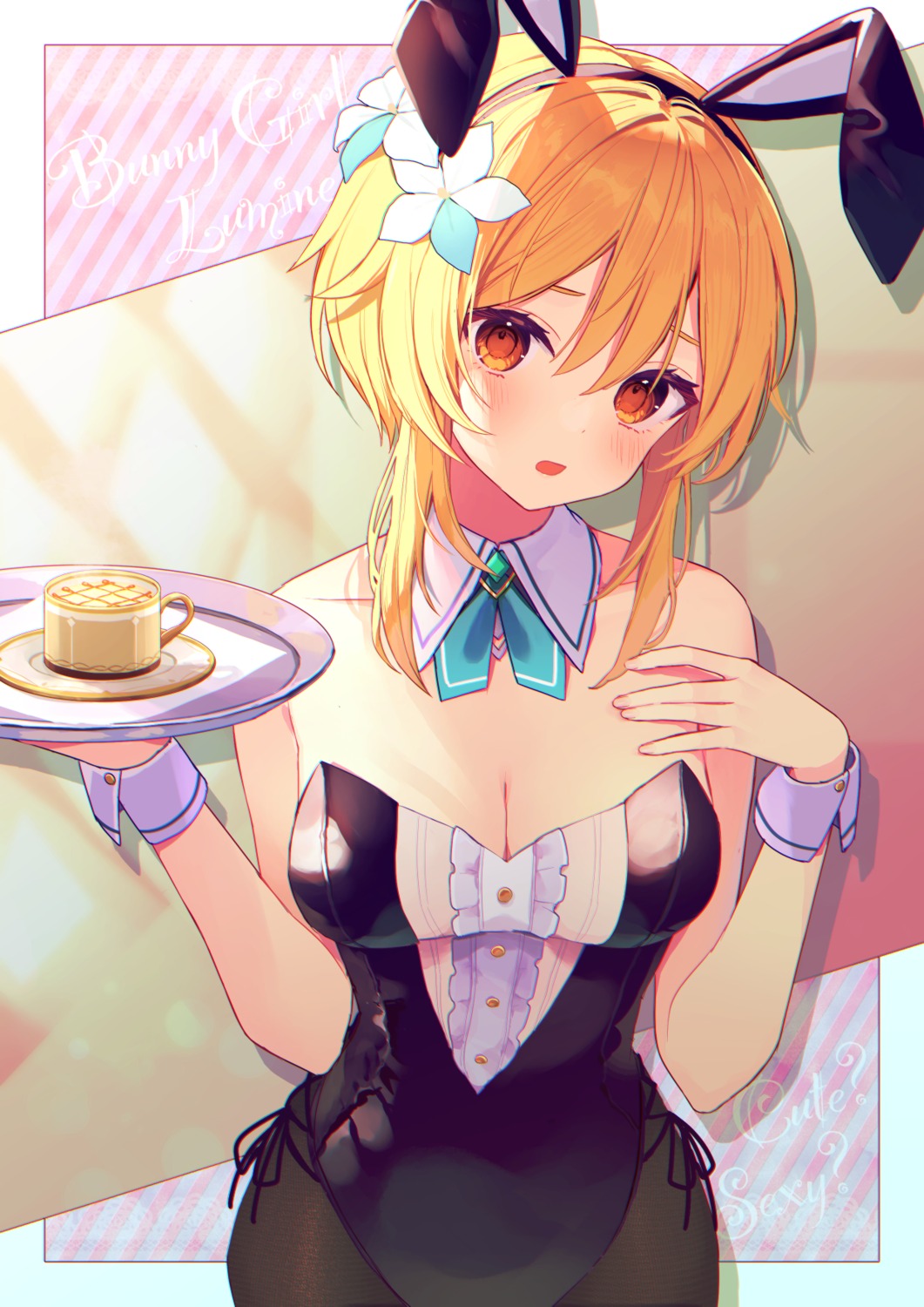 animal_ears bunny_ears bunny_girl chiro_(chirororo) genshin_impact lumine no_bra pantyhose waitress