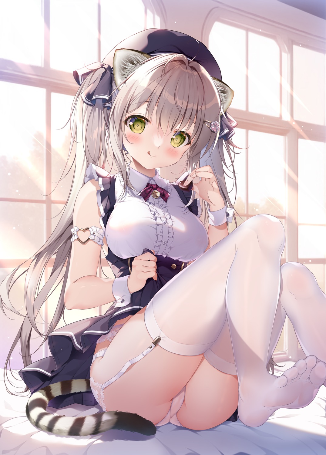 animal_ears cameltoe feet garter_belt mikeou nekomimi pantsu skirt_lift stockings tail thighhighs thong undressing