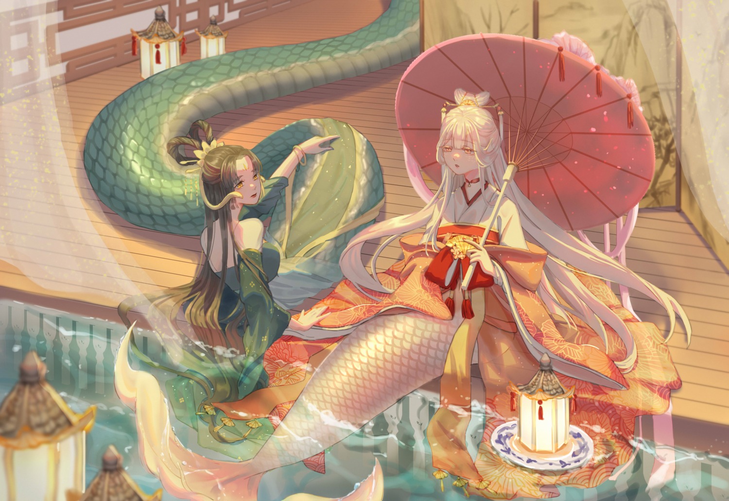 asian_clothes japanese_clothes liliantsai0417 mermaid monster_girl tail umbrella wet