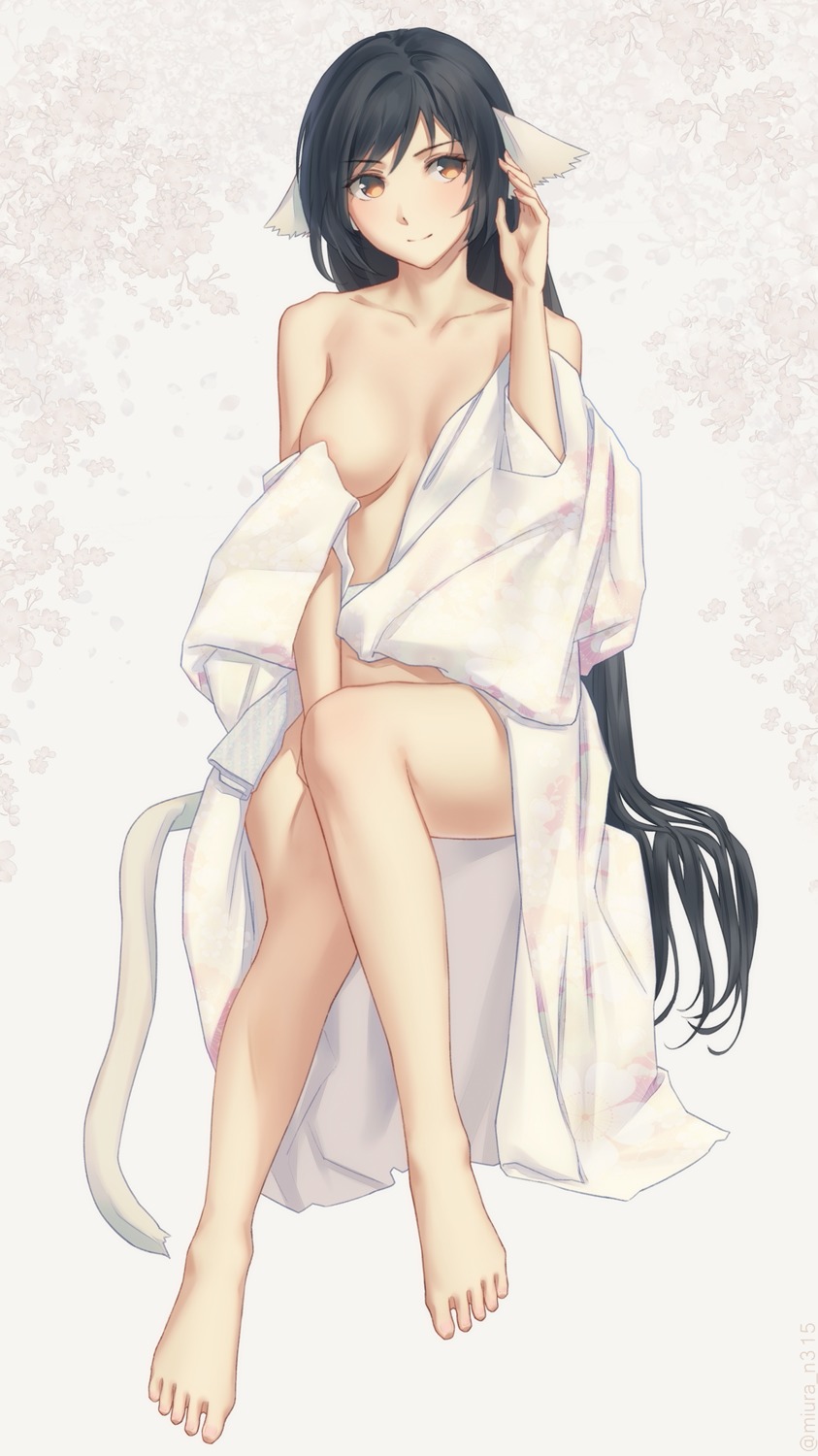 animal_ears breasts kimono kuon_(utawarerumono) miura_naoko no_bra open_shirt tail utawarerumono