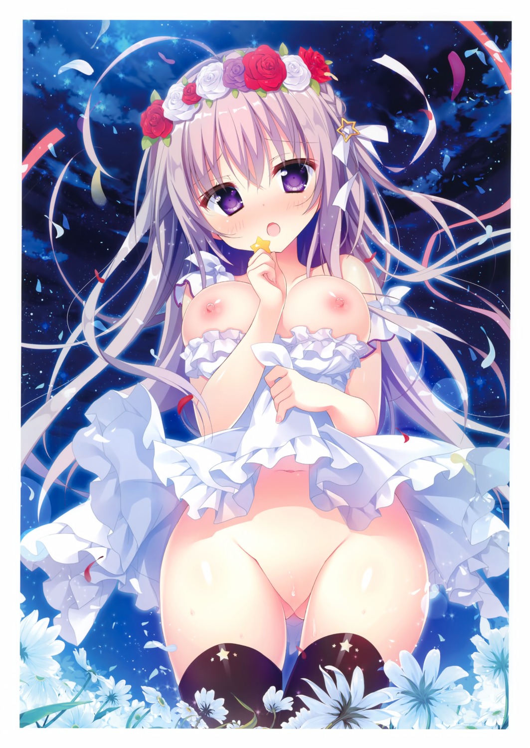 breasts dress nipples no_bra nopan open_shirt pussy_juice shiromochi_sakura skirt_lift