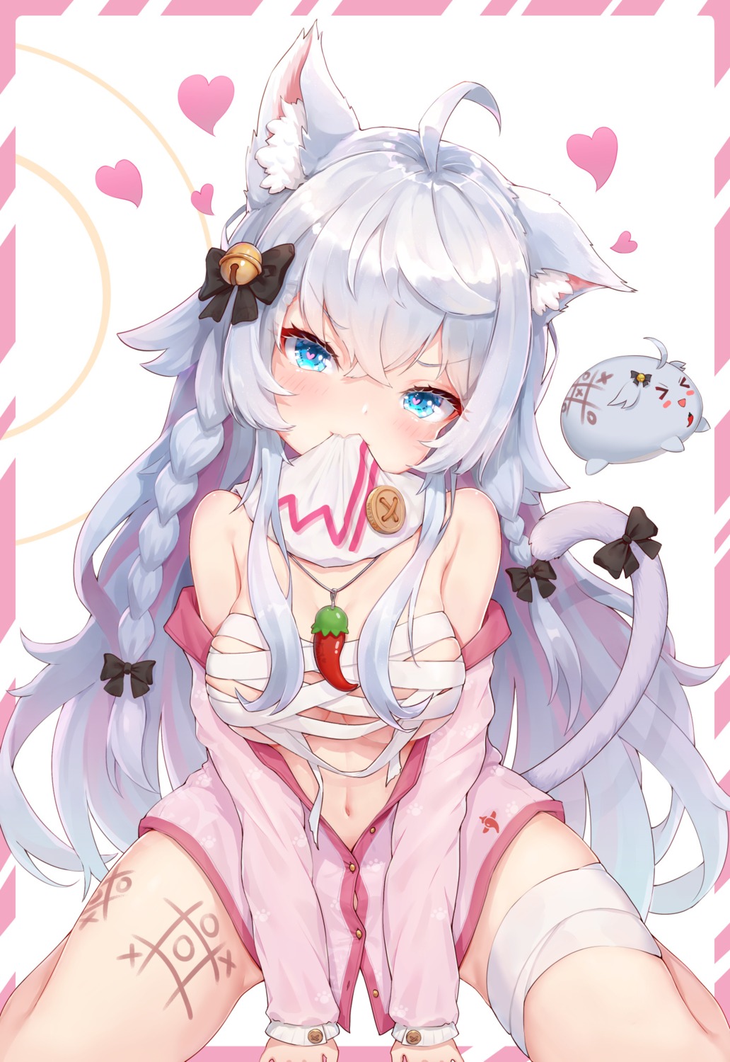 animal_ears bandages catxuan nekomimi open_shirt sarashi tail