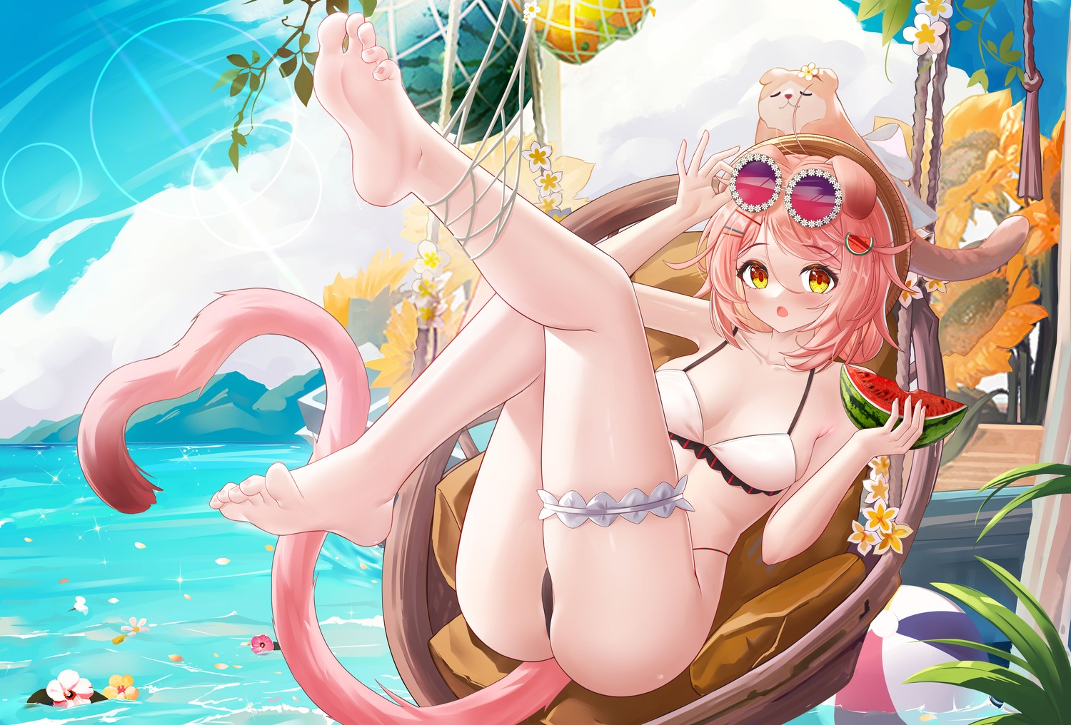 animal_ears arknights bikini feet garter goldenglow_(arknights) jndfh megane open_shirt swimsuits tail thong