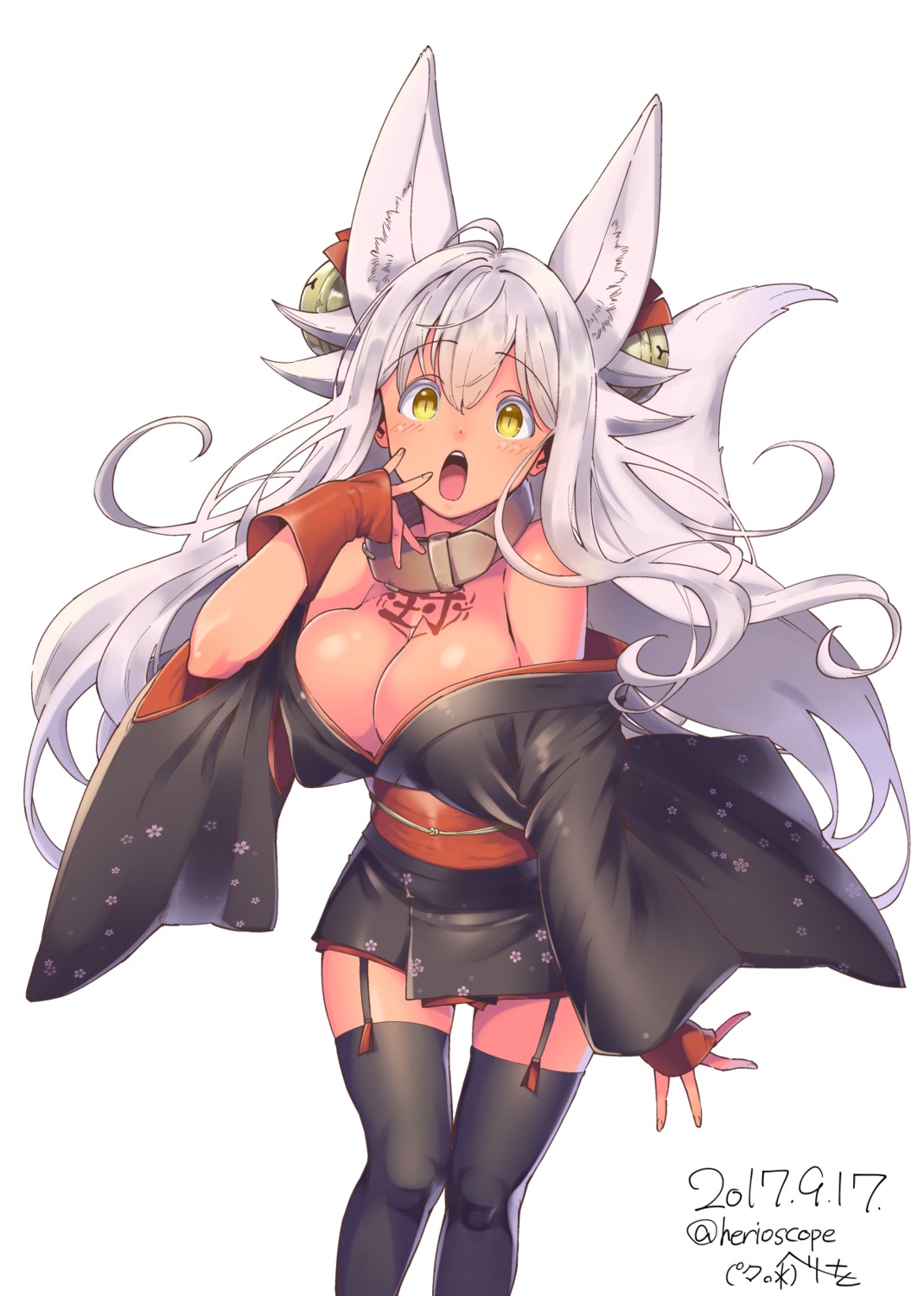 animal_ears herio kimono no_bra open_shirt stockings tail tattoo thighhighs