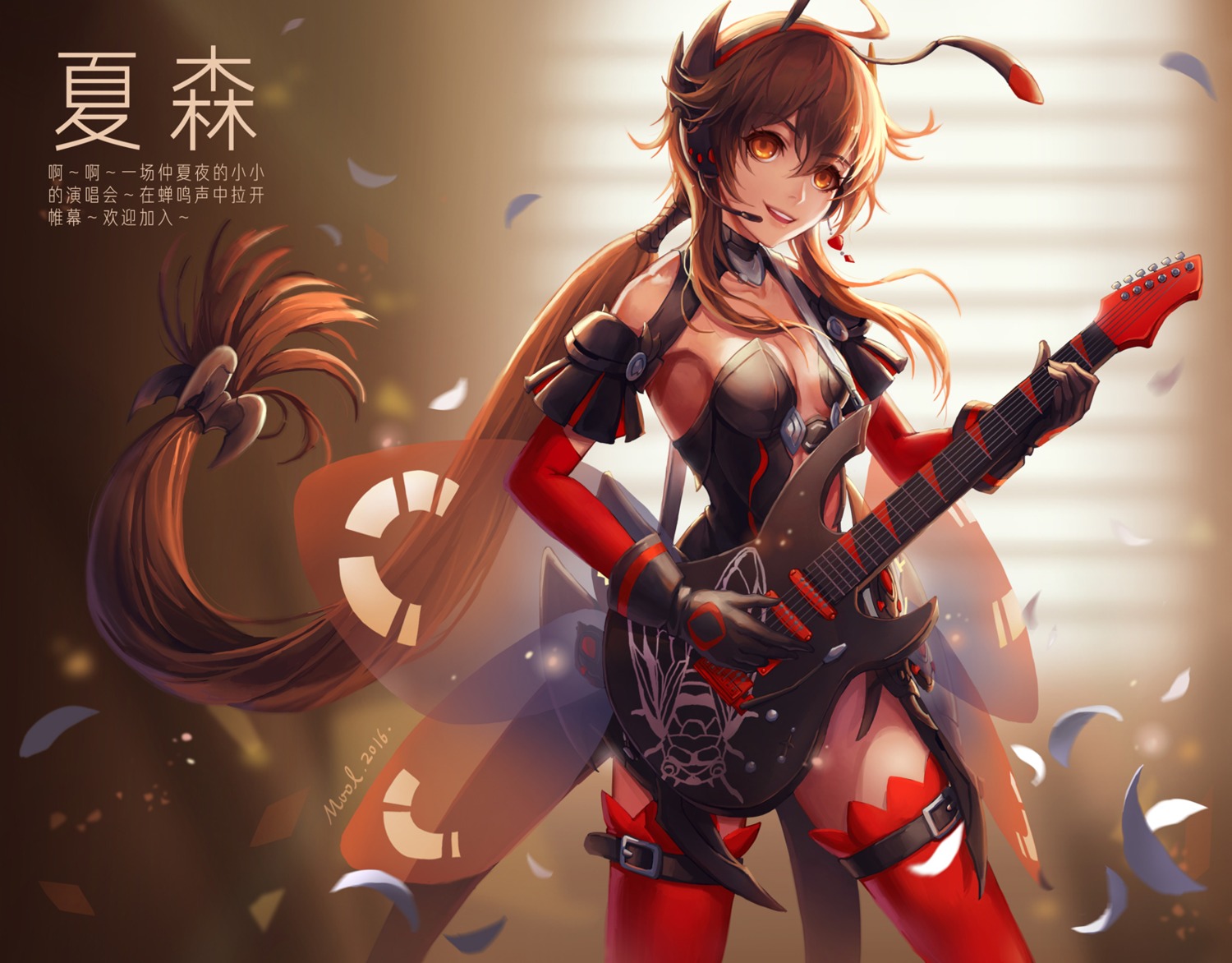 animal_ears cleavage guitar headphones mool_yueguang no_bra thighhighs vocaloid yuezheng_ling