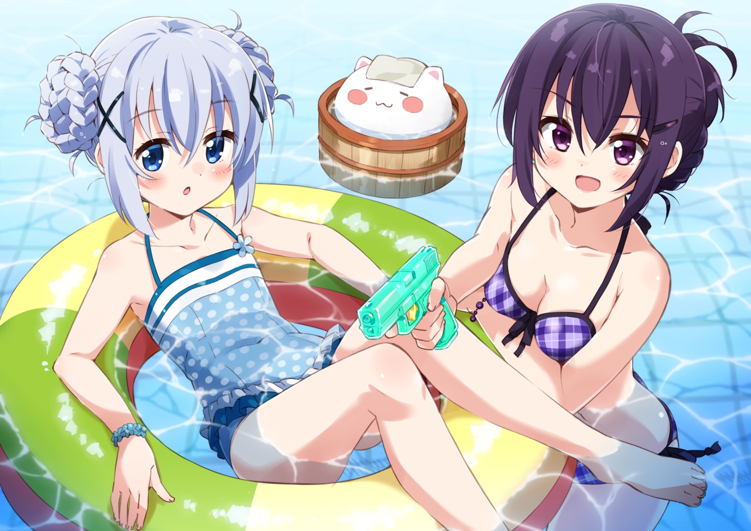 bikini cleavage gochuumon_wa_usagi_desu_ka? gun kafuu_chino moso swimsuits tedeza_rize tippy_(gochiusa) wet