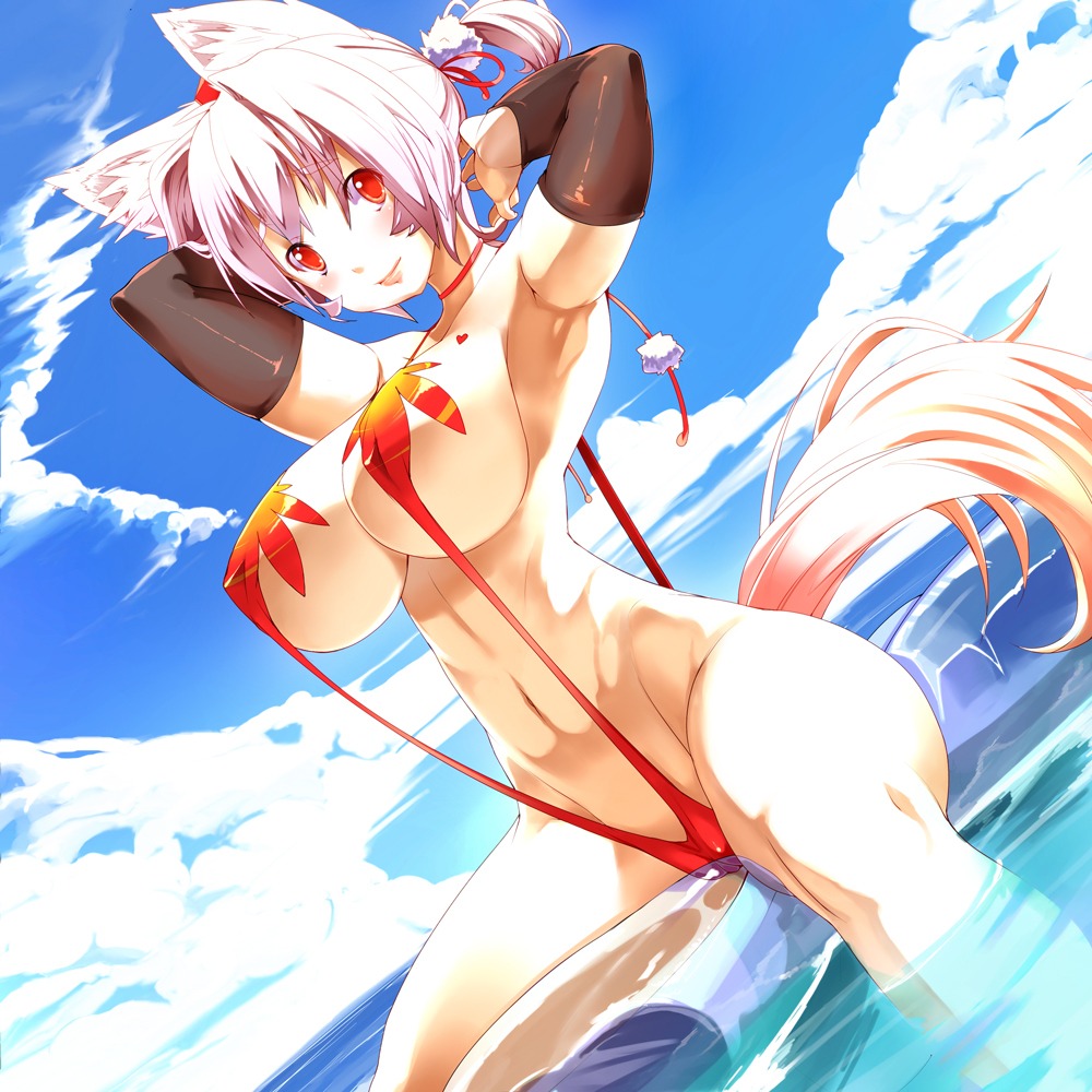 animal_ears bikini cleavage erect_nipples inubashiri_momiji karochii sling_bikini swimsuits tail touhou