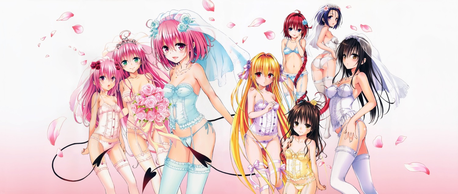 ass bra cleavage detexted golden_darkness kotegawa_yui kurosaki_mea lala_satalin_deviluke lingerie momo_velia_deviluke nana_asta_deviluke pantsu sairenji_haruna stockings string_panties tail thighhighs to_love_ru to_love_ru_darkness yabuki_kentarou yuuki_mikan