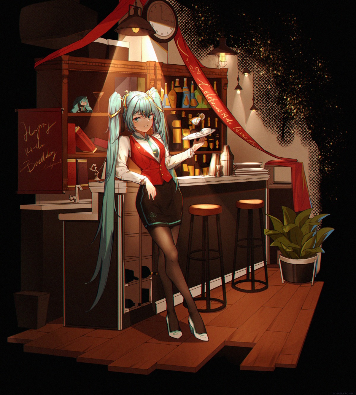 hatsune_miku heels pantyhose rzx0 vocaloid waitress