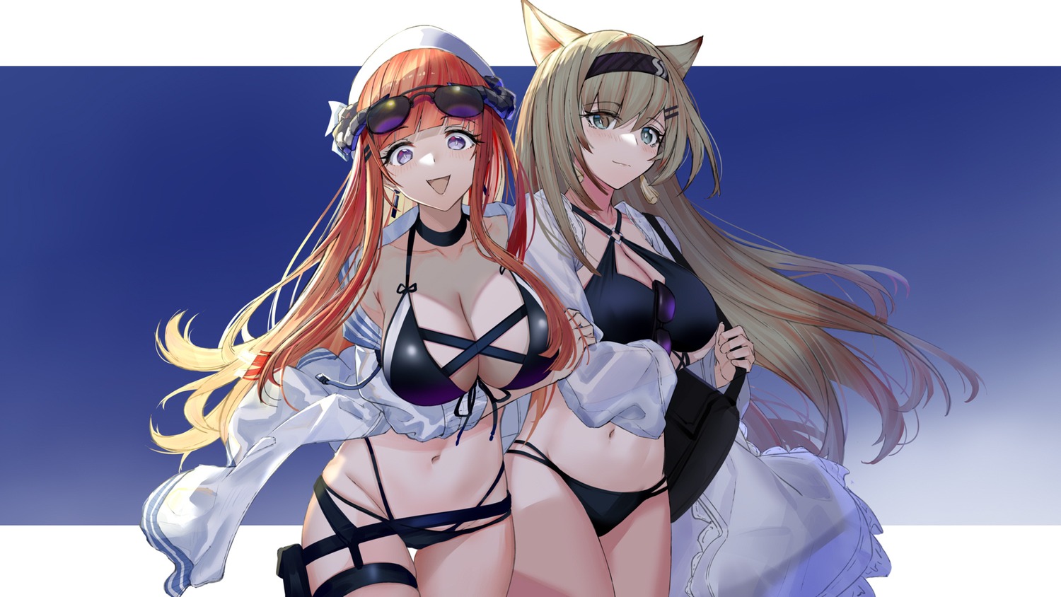 animal_ears arknights bagpipe_(arknights) bikini garter horn_(arknights) megane open_shirt srpzk swimsuits wallpaper