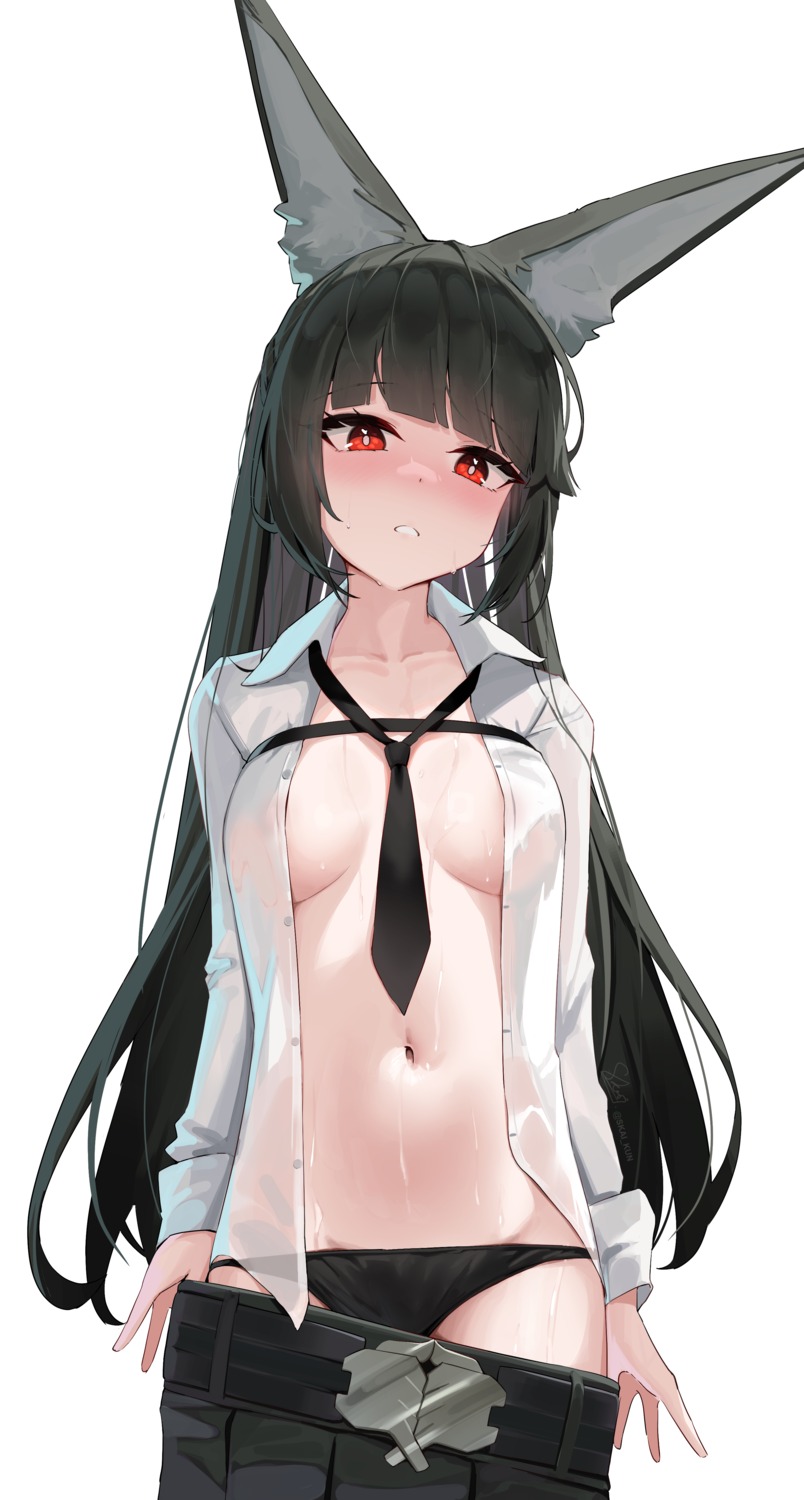 animal_ears dress_shirt hoshimi_miyabi no_bra open_shirt pantsu see_through skai_kun undressing wet wet_clothes zenless_zone_zero