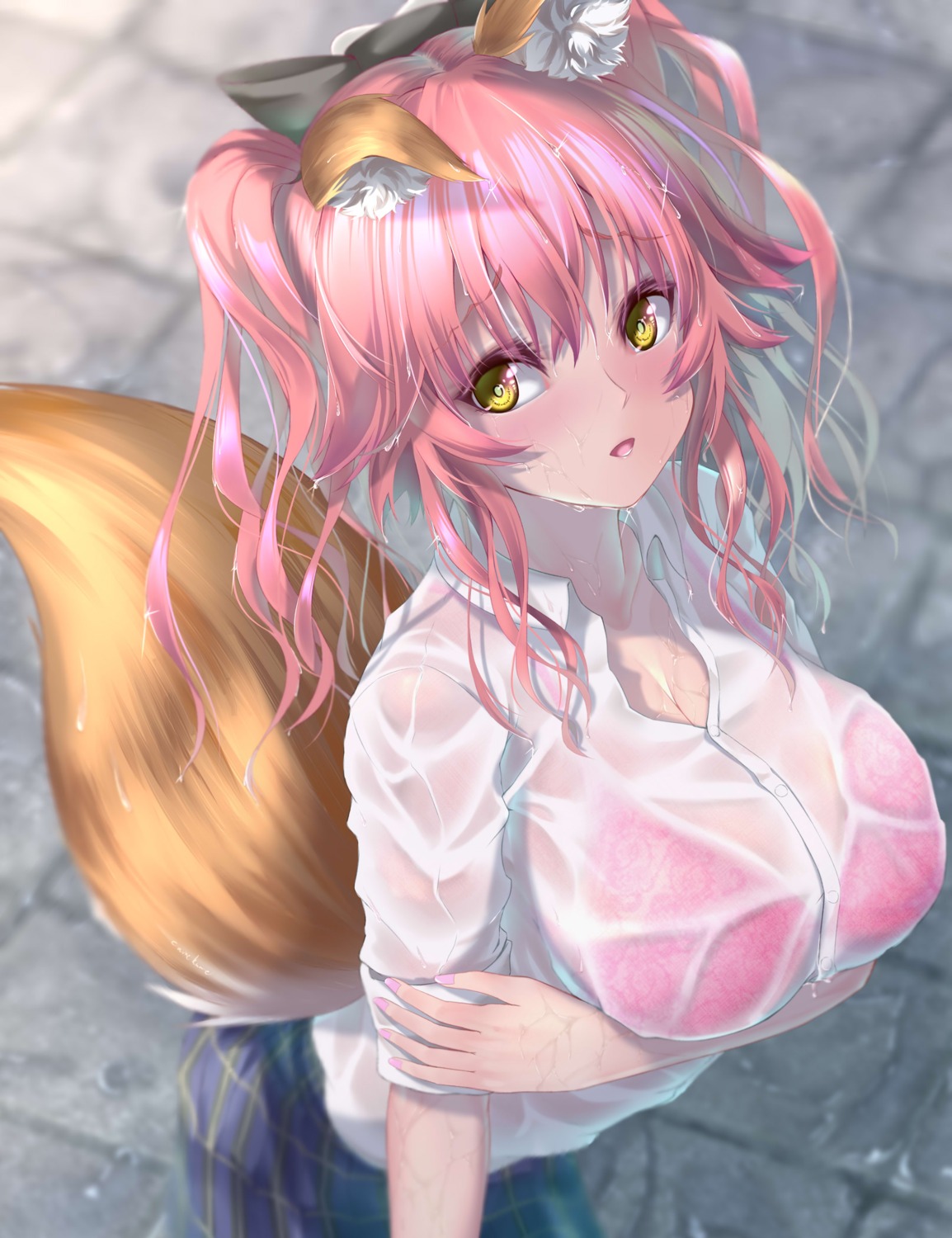 animal_ears bra fate/grand_order kamehito kitsune see_through seifuku tail tamamo_no_mae wet wet_clothes