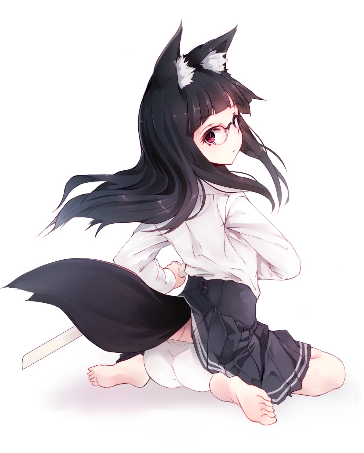 animal_ears ass feet kitsune megane otokuyou pantsu seifuku skirt_lift sword tail