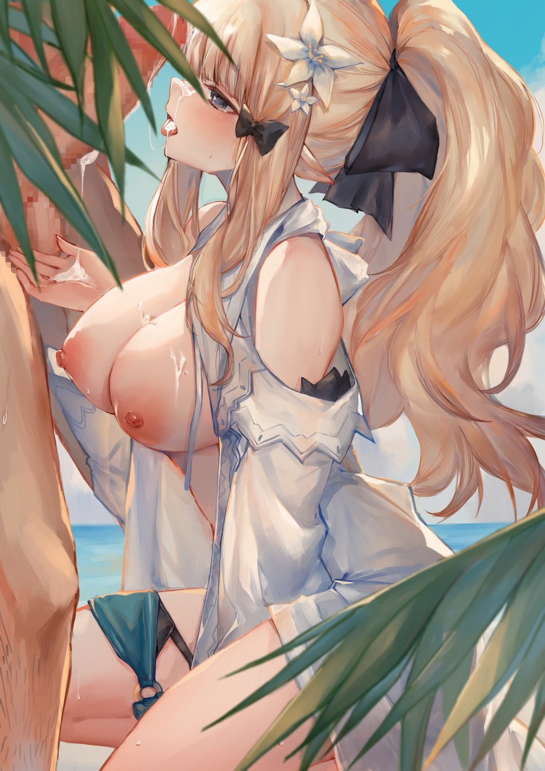 artist_revision bikini breasts censored cum nipples no_bra open_shirt panty_pull penis princess_connect princess_connect!_re:dive ryuuji_teitoku sasaki_saren swimsuits