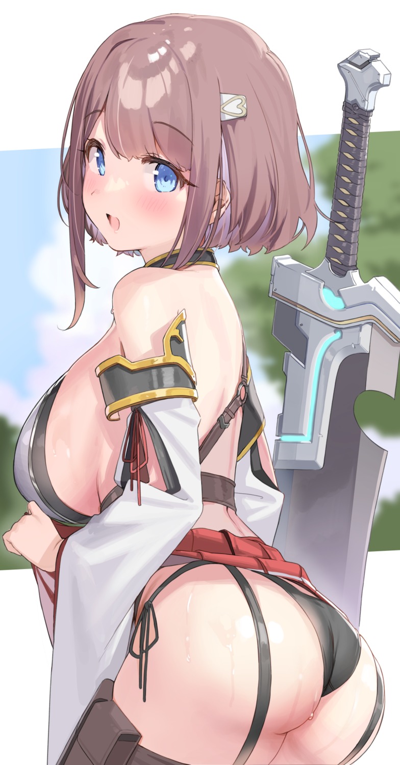 armor ass hitoyo_(baffu) kanzarin no_bra pantsu skirt_lift string_panties sword thong wet