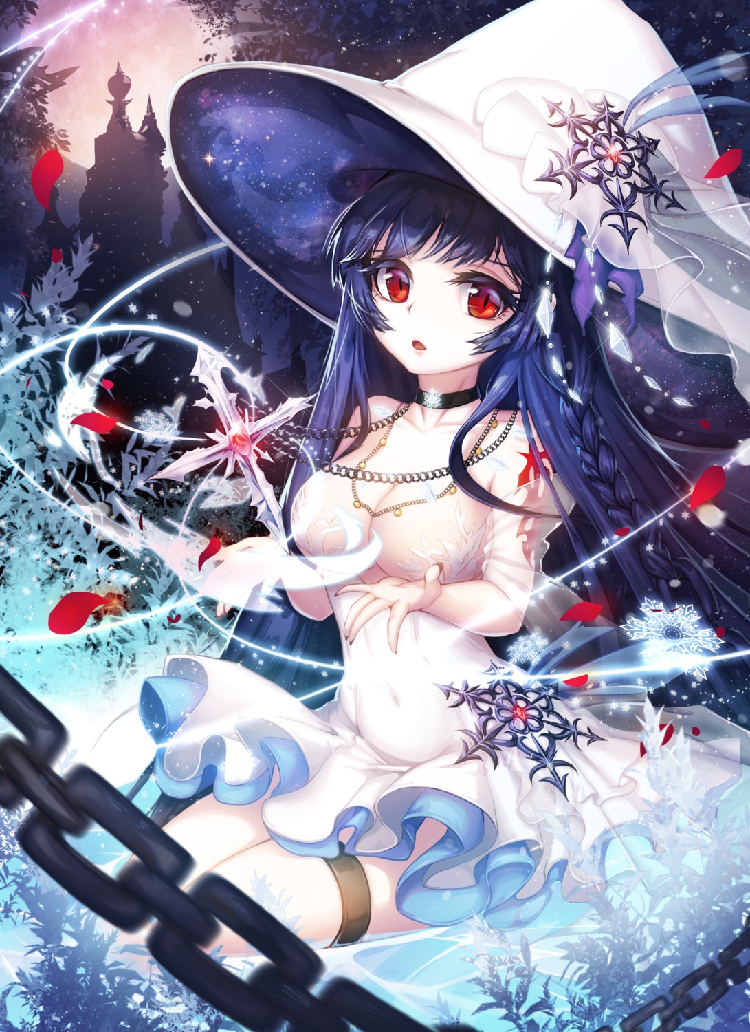 cleavage dress no_bra see_through snow_is tattoo thighhighs weapon witch