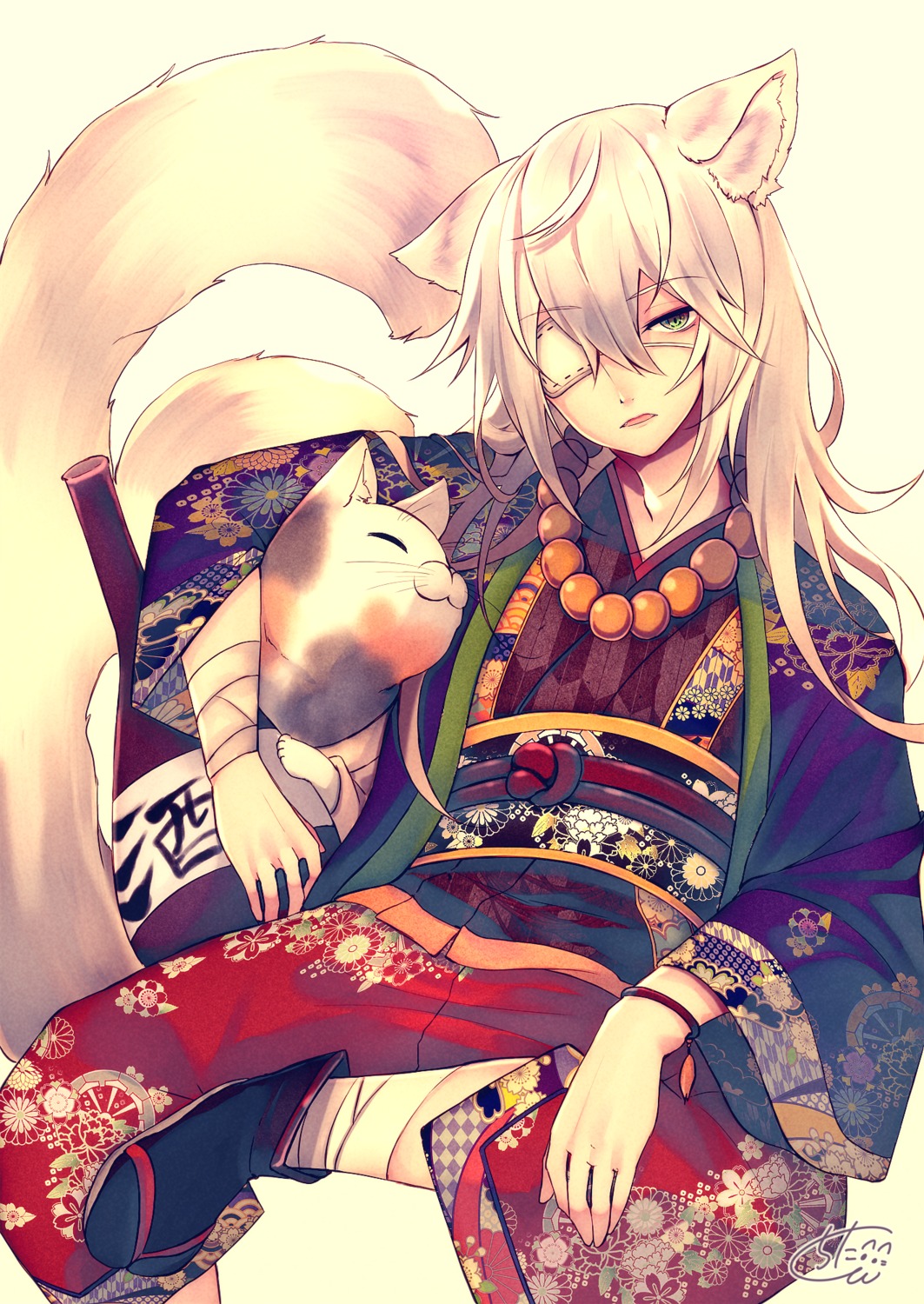 animal_ears chita_(ketchup) eyepatch japanese_clothes male tail