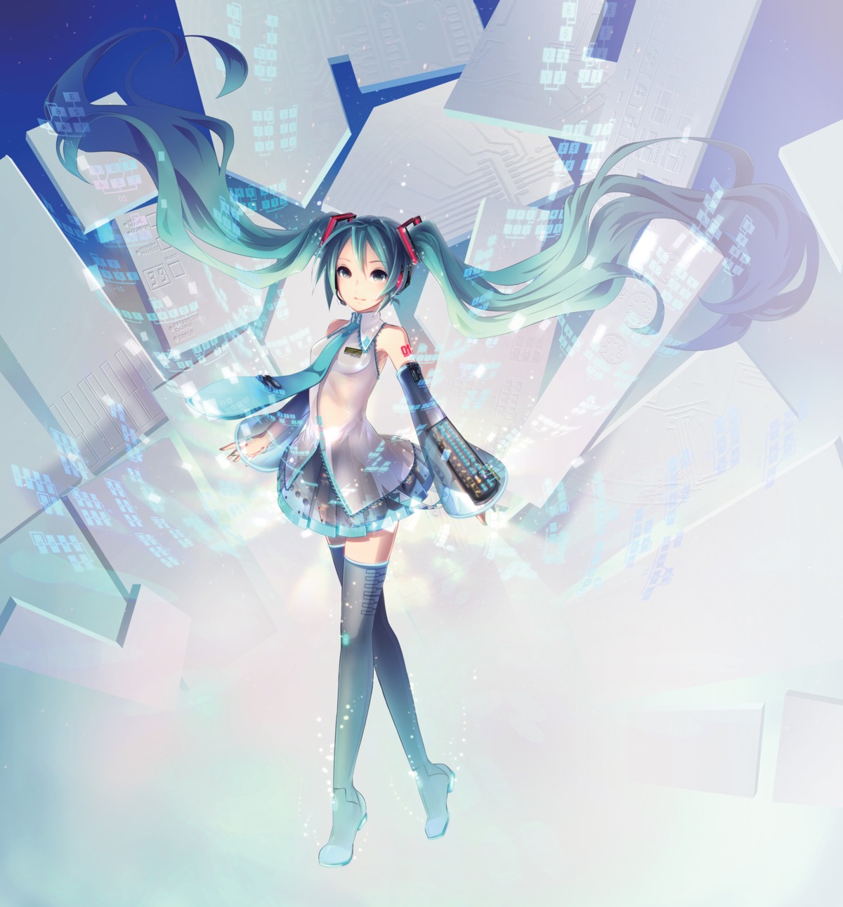 hatsune_miku headphones ixima tattoo thighhighs vocaloid