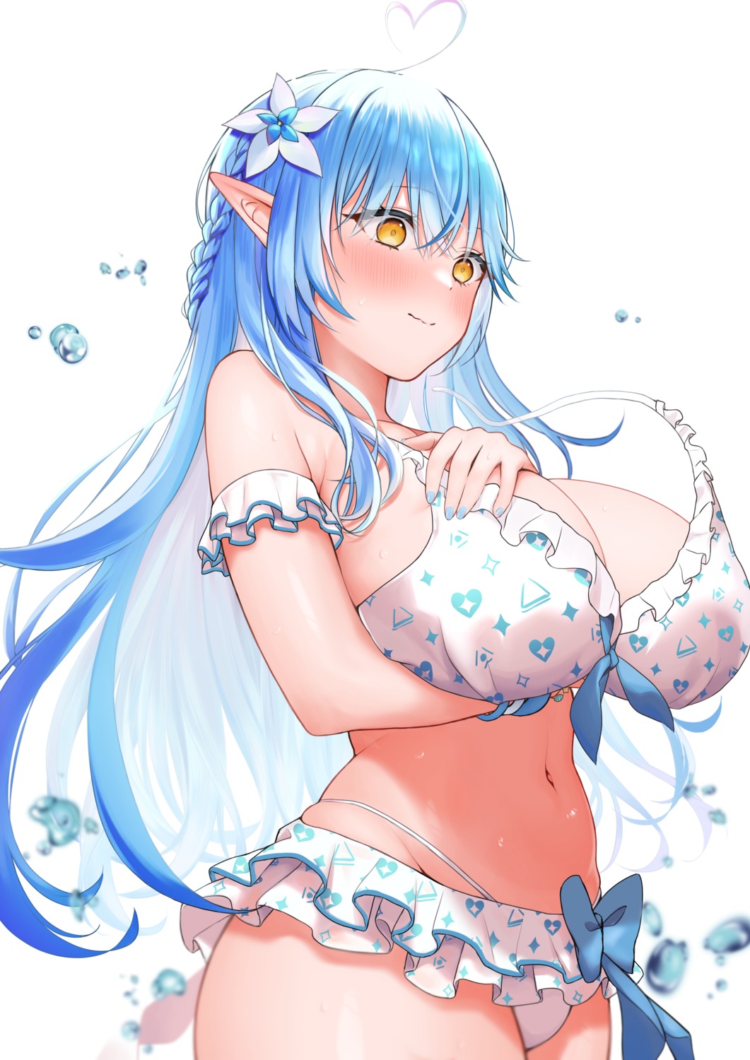 bikini breast_hold elf hololive norato pointy_ears swimsuits wardrobe_malfunction yukihana_lamy