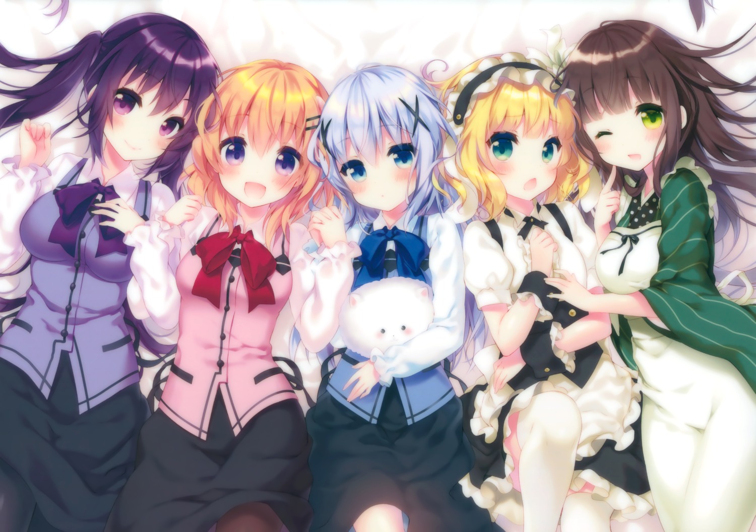 eterna gochuumon_wa_usagi_desu_ka? hoto_cocoa kafuu_chino kiri kirima_sharo maid pantyhose riichu seifuku tedeza_rize thighhighs tippy_(gochiusa) ujimatsu_chiya wa_maid waitress