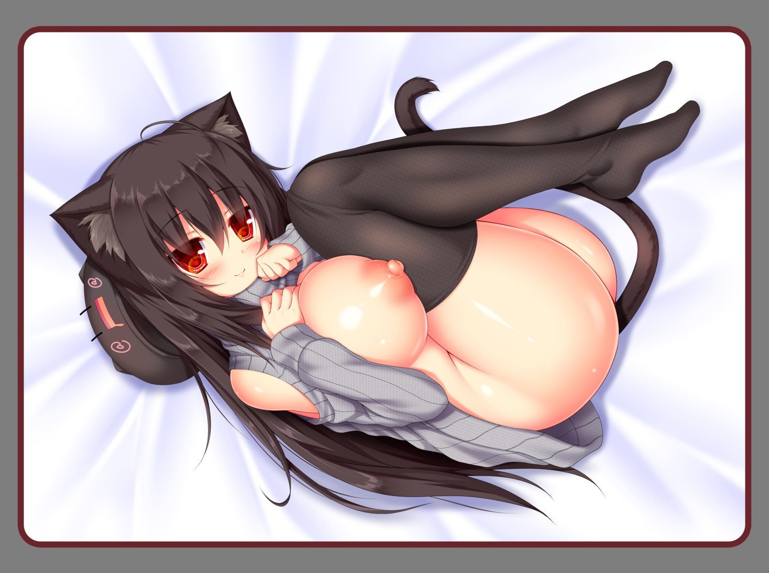 animal_ears bottomless breasts mia_flatpaddy nekomimi nipples no_bra shirt_lift sweater syroh tail thighhighs