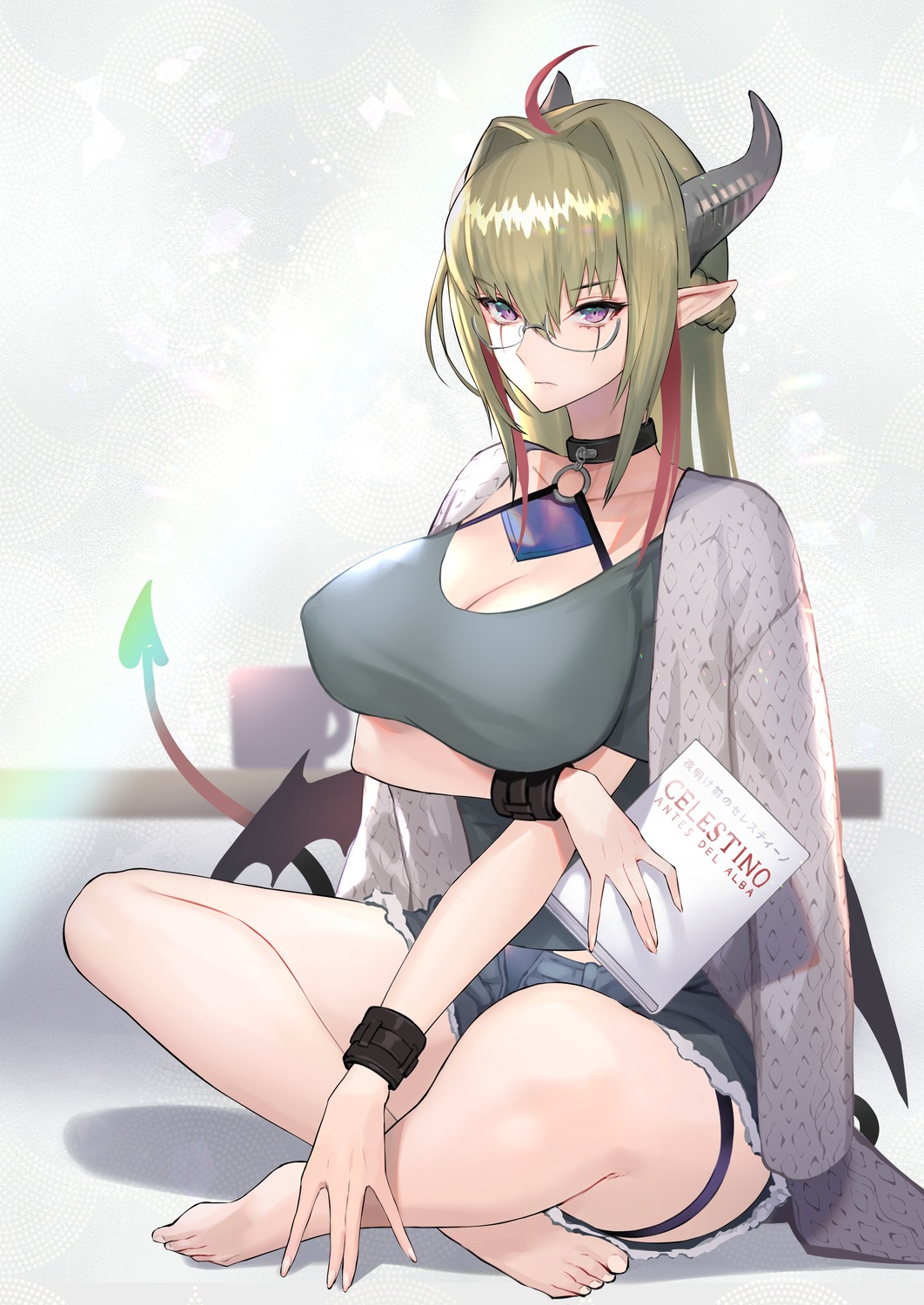 cleavage erect_nipples garter hitowa horns megane pointy_ears tail