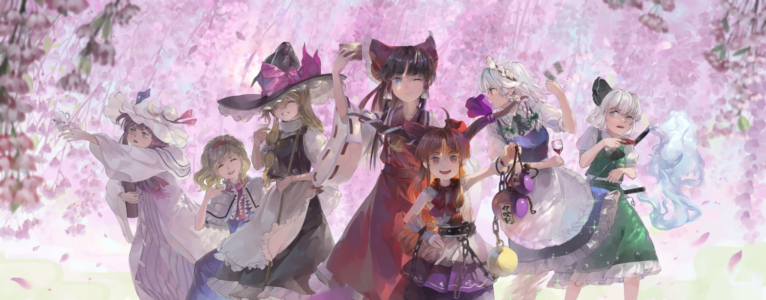 hakurei_reimu horns izayoi_sakuya kirisame_marisa konpaku_youmu maid patchouli_knowledge riki6 skirt_lift touhou witch