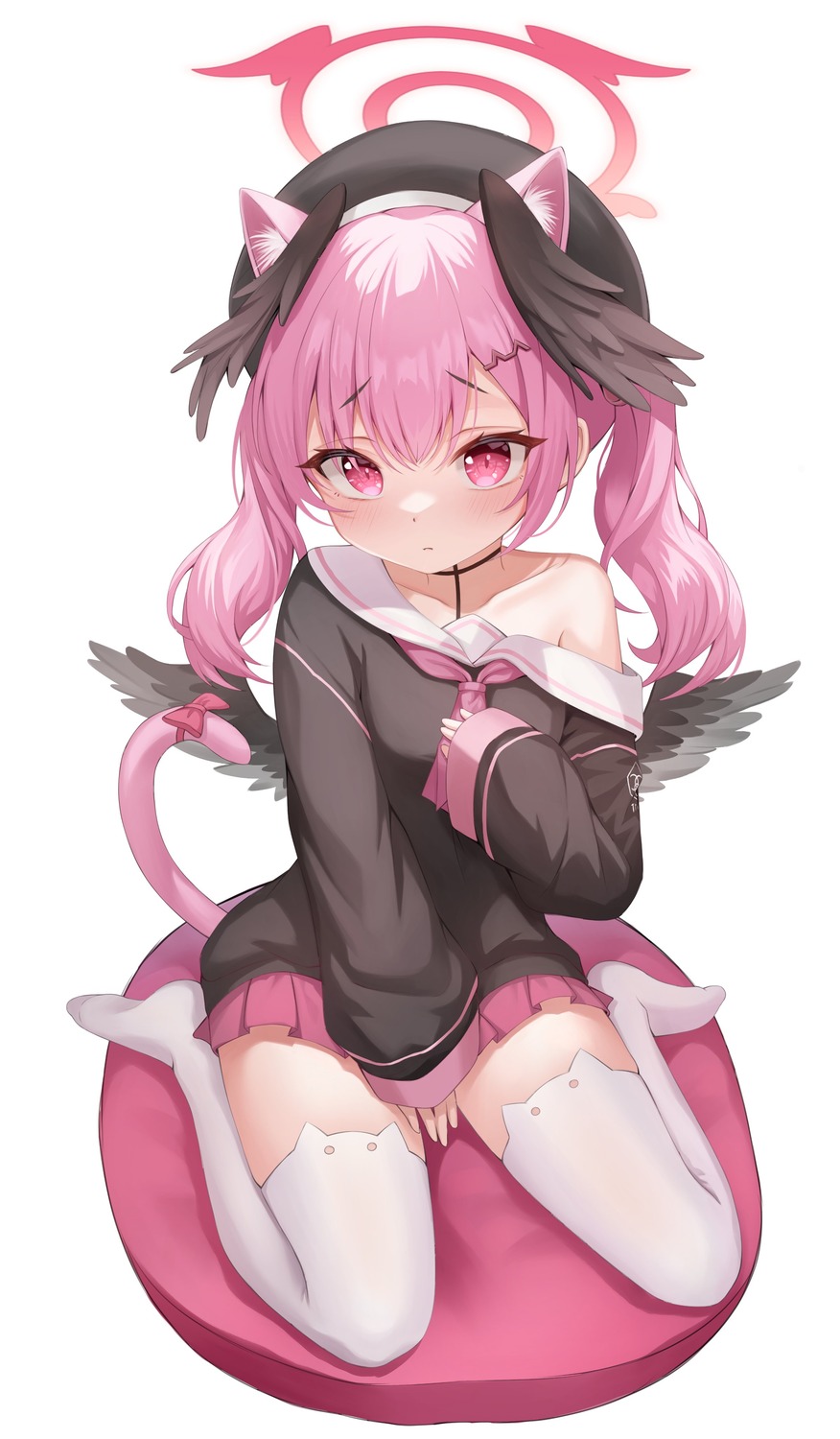 animal_ears blue_archive halo heunggugi nekomimi seifuku shimoe_koharu tail thighhighs wings