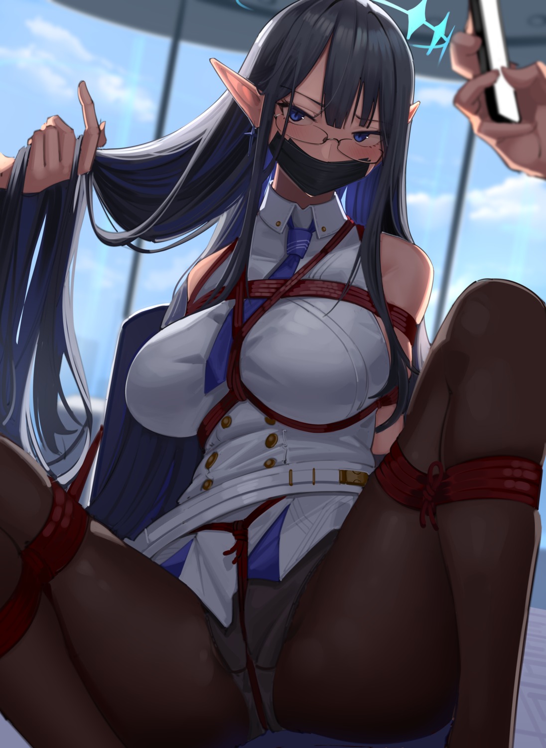 blue_archive bondage halo harris_hero megane nanagami_rin pantsu pantyhose pointy_ears