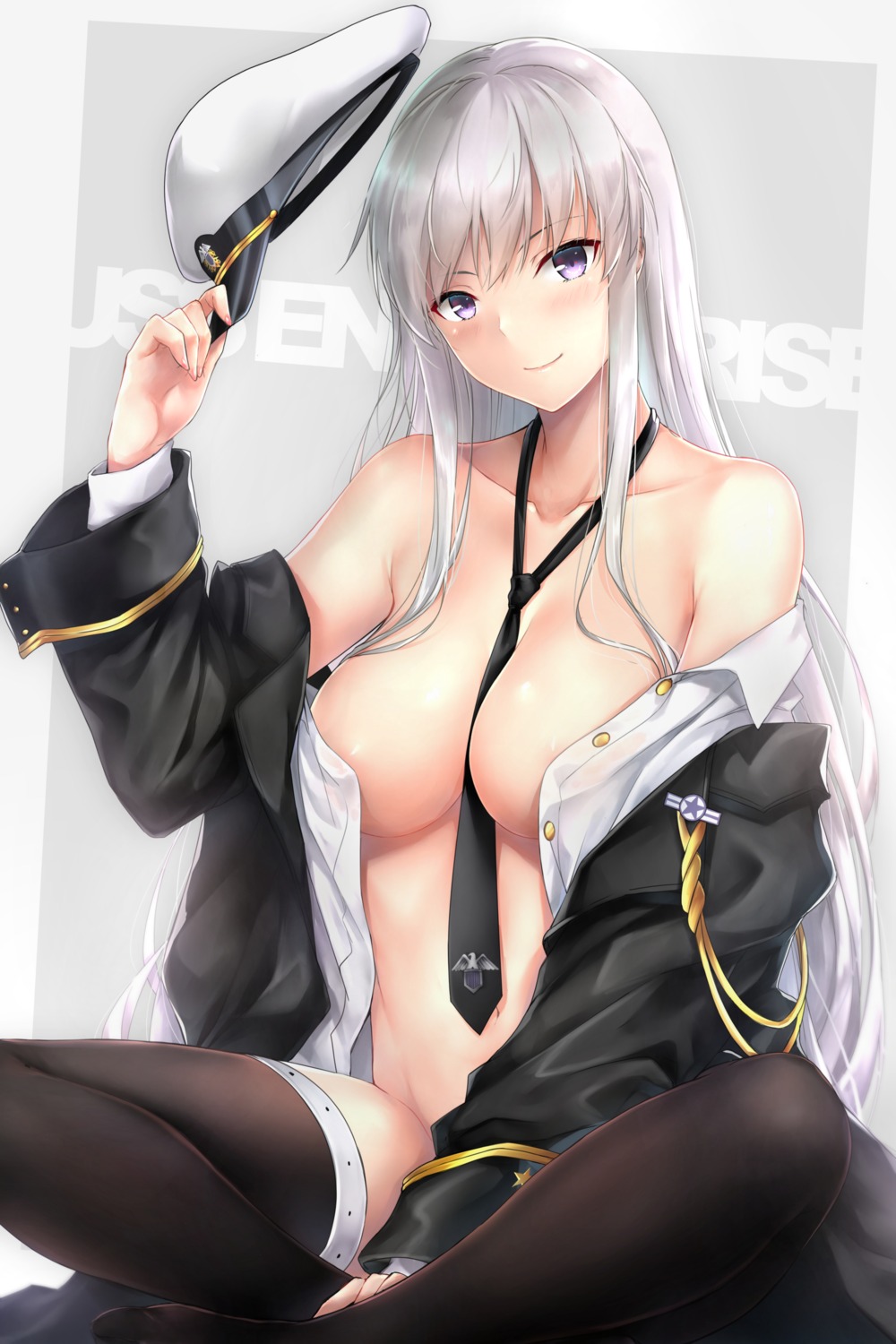 areola azur_lane bottomless enterprise_(azur_lane) no_bra open_shirt rei_kun thighhighs uniform