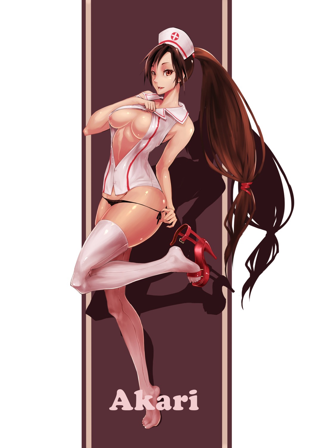 akali breasts heels league_of_legends nipples no_bra nurse open_shirt pantsu panty_pull shiro_ringo string_panties thighhighs undressing