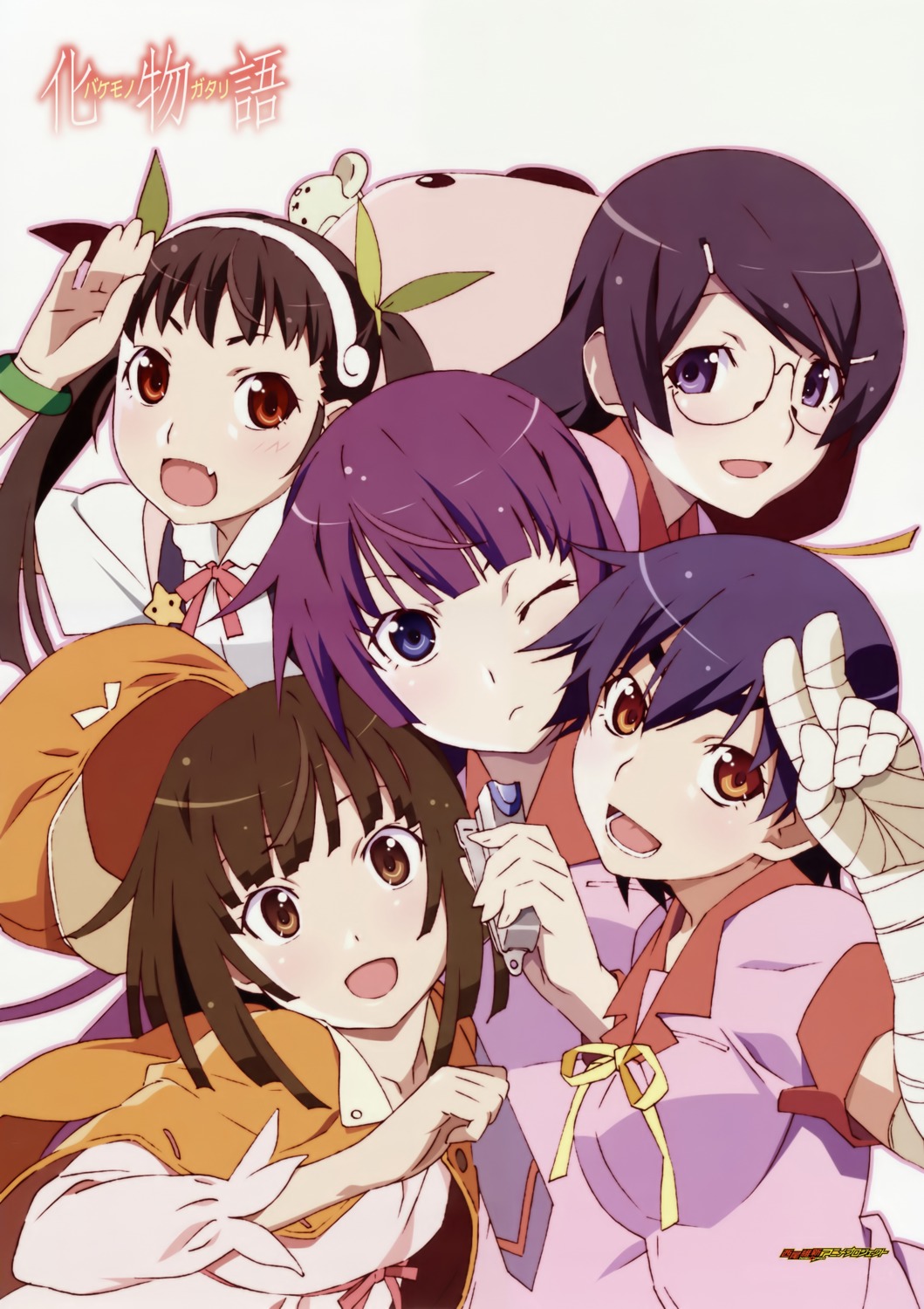 bakemonogatari bandages hachikuji_mayoi hanekawa_tsubasa kanbaru_suruga megane monogatari_(series) seifuku sengoku_nadeko senjougahara_hitagi watanabe_akio