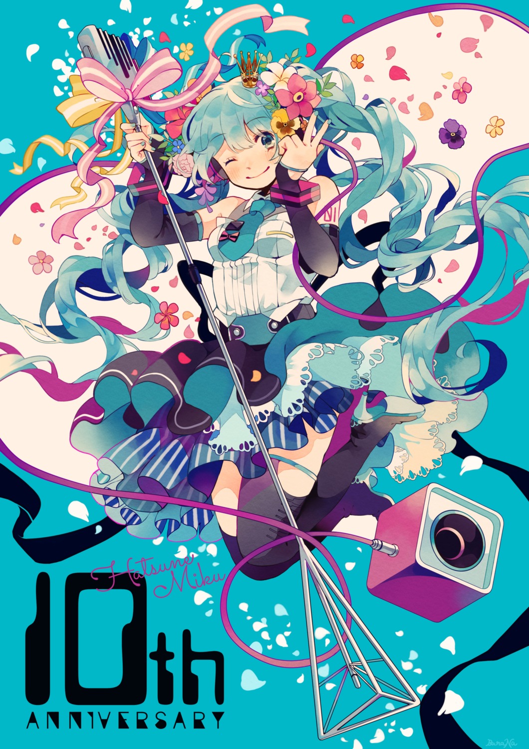 bana_na hatsune_miku headphones heels skirt_lift tattoo thighhighs vocaloid