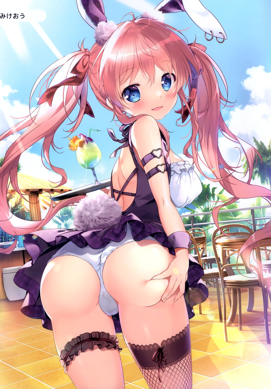 animal_ears ass bunny_ears fishnets garter mikeou pantsu skirt_lift tail thighhighs