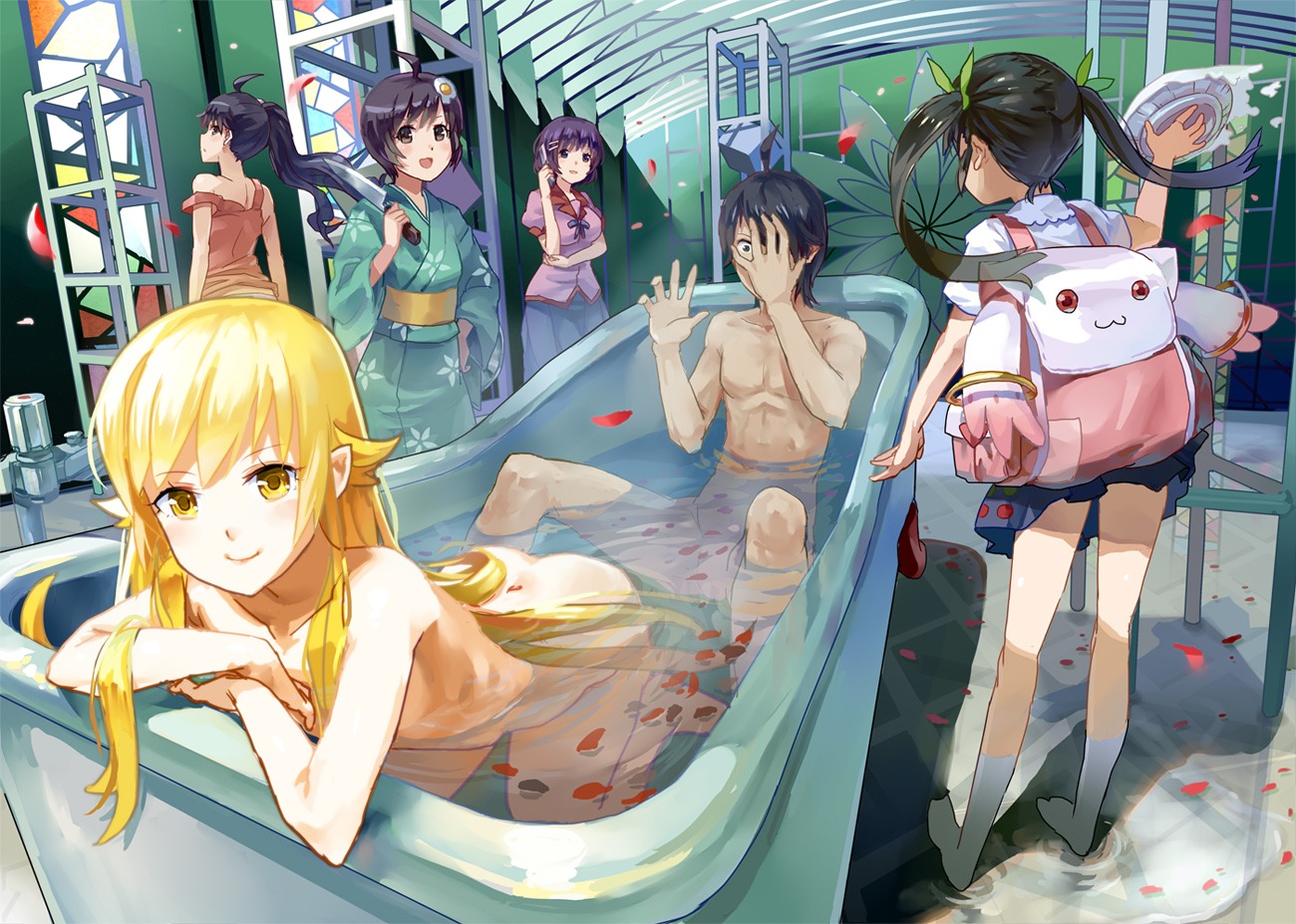 77gl araragi_karen araragi_koyomi araragi_tsukihi bakemonogatari bathing hachikuji_mayoi hanekawa_tsubasa kyubey loli monogatari_(series) naked nisemonogatari oshino_shinobu wet yukata