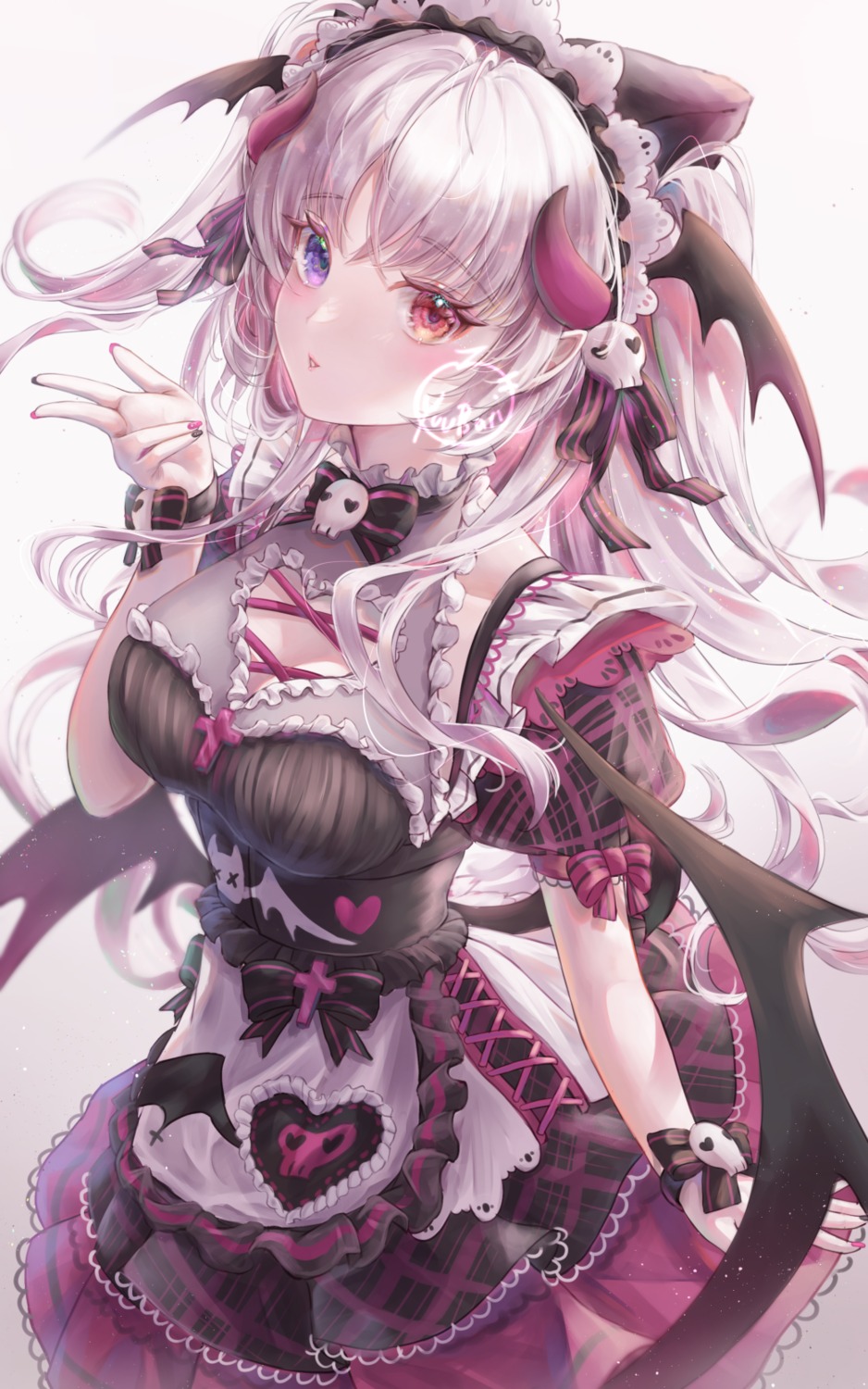 cleavage heterochromia horns maid no_bra wings yuubarish