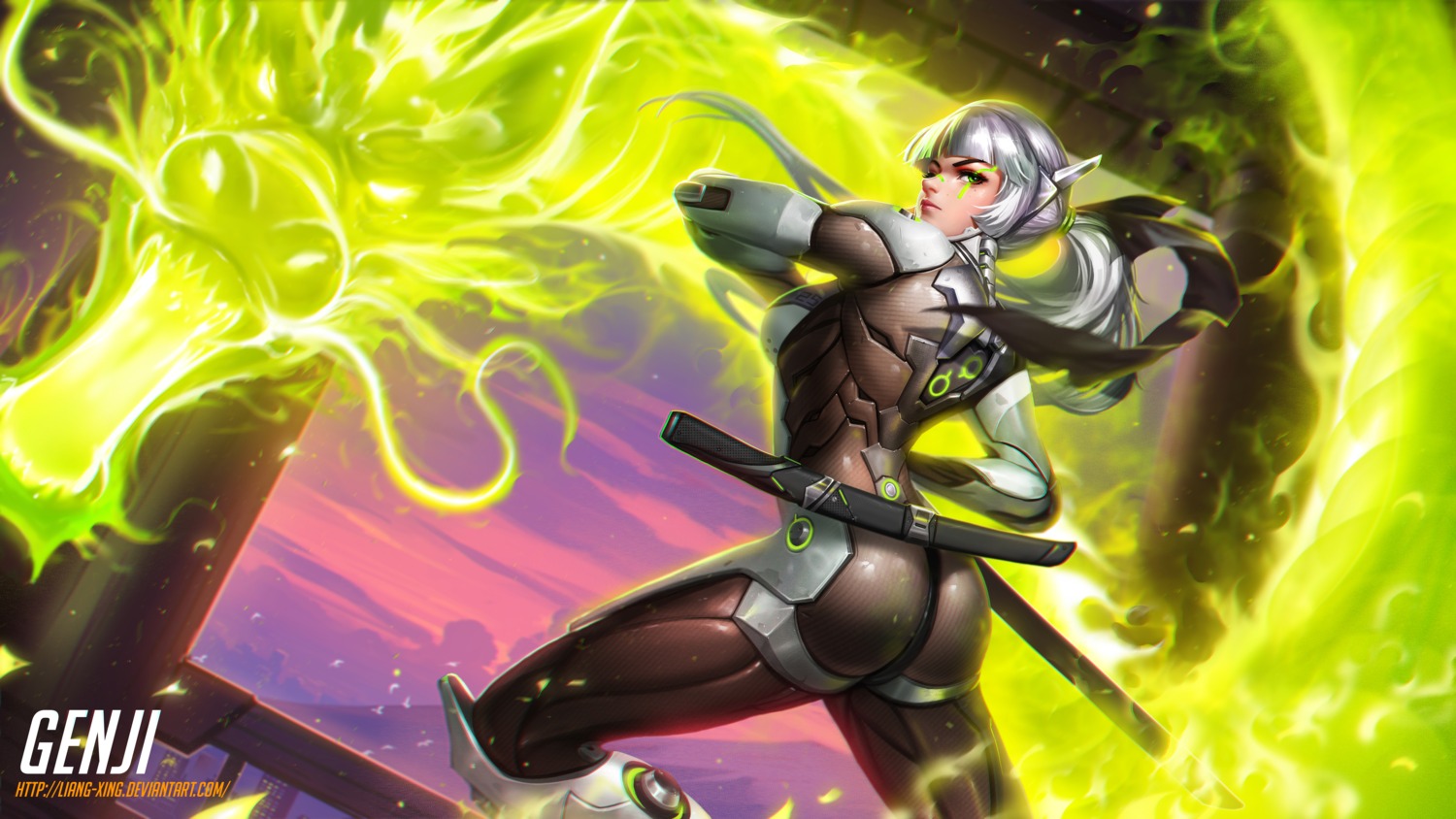 ass bodysuit genderswap genji_(overwatch) liang_xing monster overwatch sword