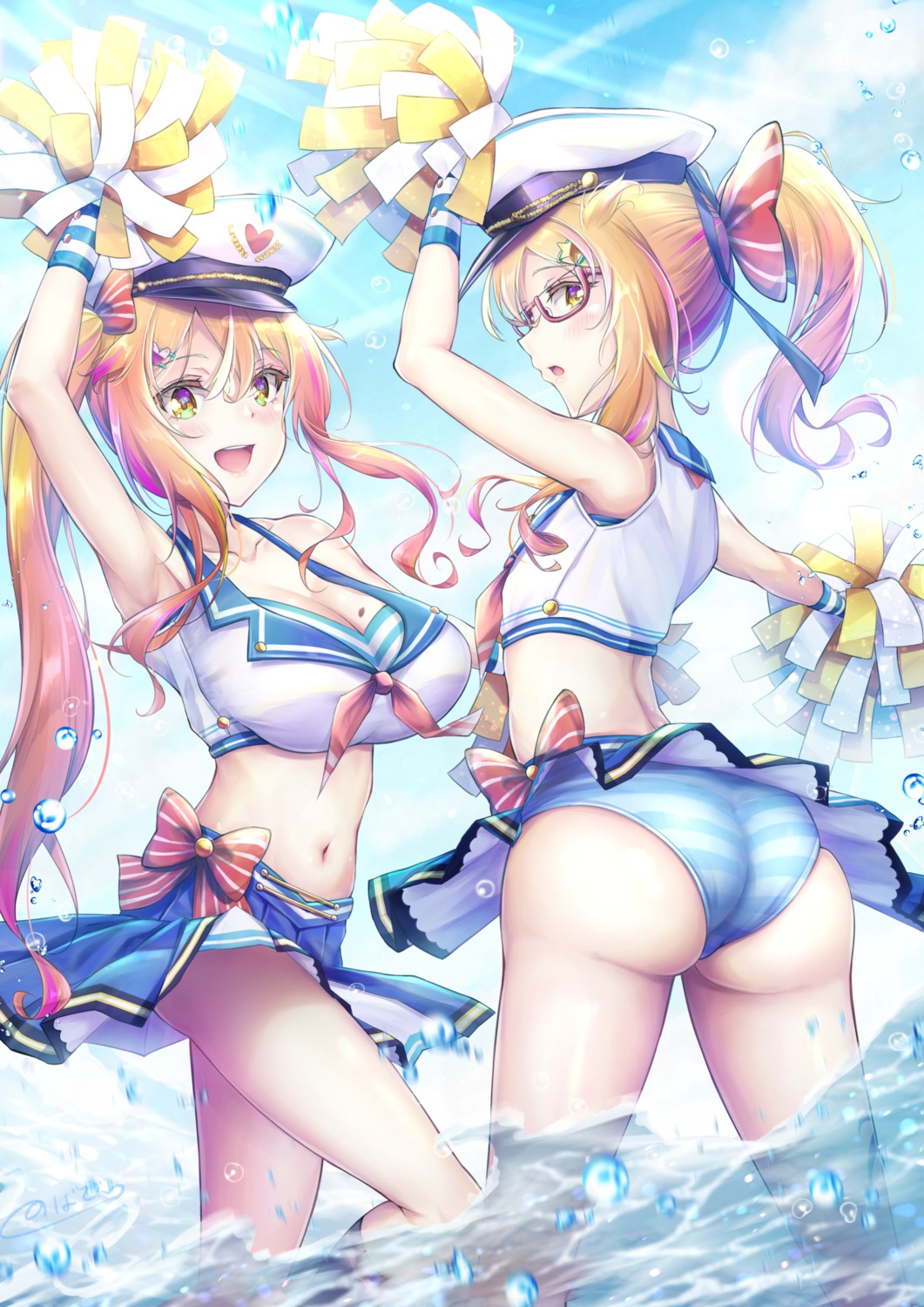 ass cheerleader cleavage megane nobady pantsu shimapan skirt_lift thong trap uniform wet