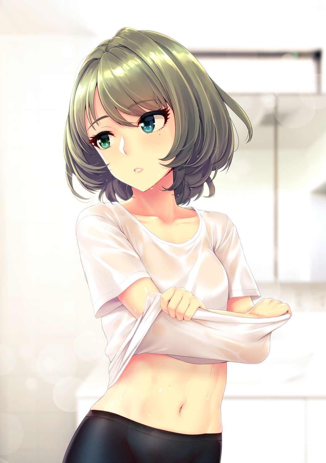 bike_shorts heterochromia infinote see_through shirt_lift takagaki_kaede the_idolm@ster the_idolm@ster_cinderella_girls undressing wet_clothes