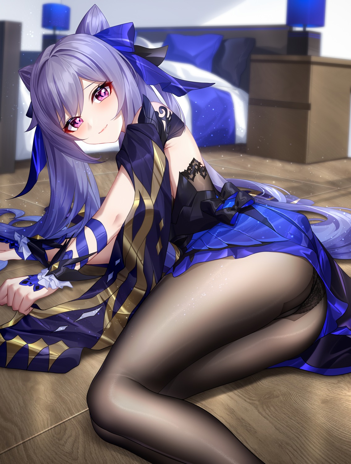 ass dress genshin_impact keqing pantsu pantyhose skirt_lift thong wu_ganlan_cai