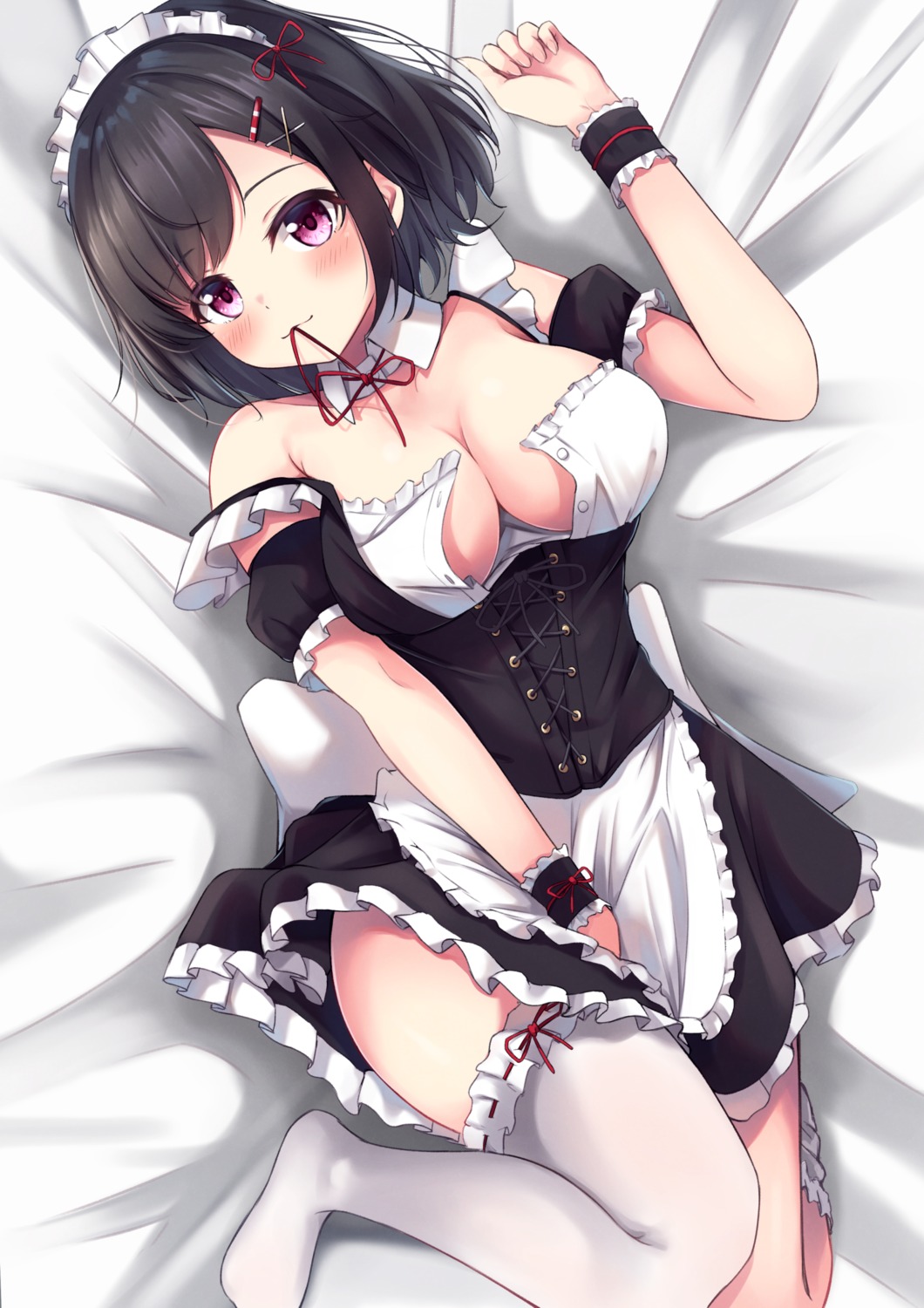 maid miso_(misomiso_154) no_bra open_shirt skirt_lift thighhighs