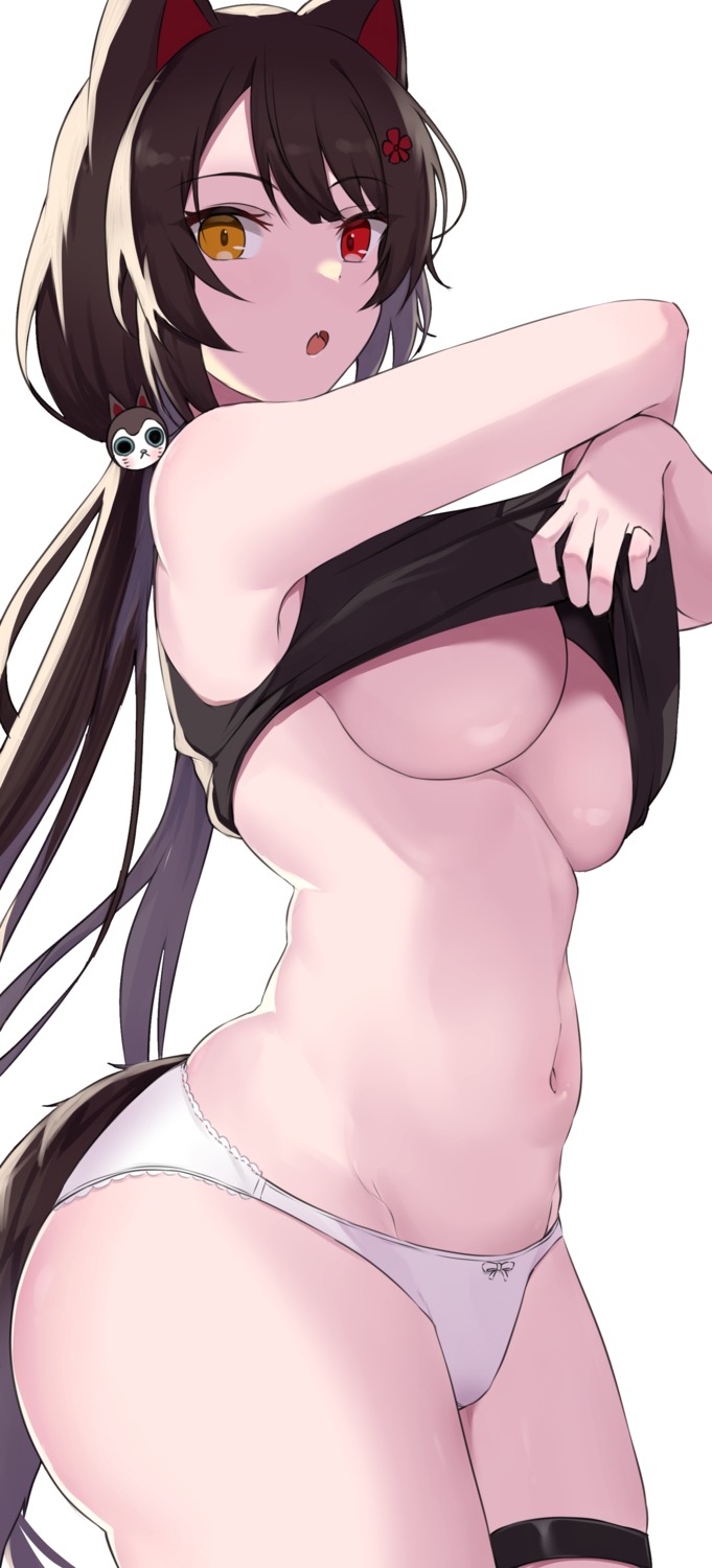 animal_ears garter heterochromia inui_toko inumimi kirikan nijisanji no_bra pantsu shirt_lift tail underboob undressing