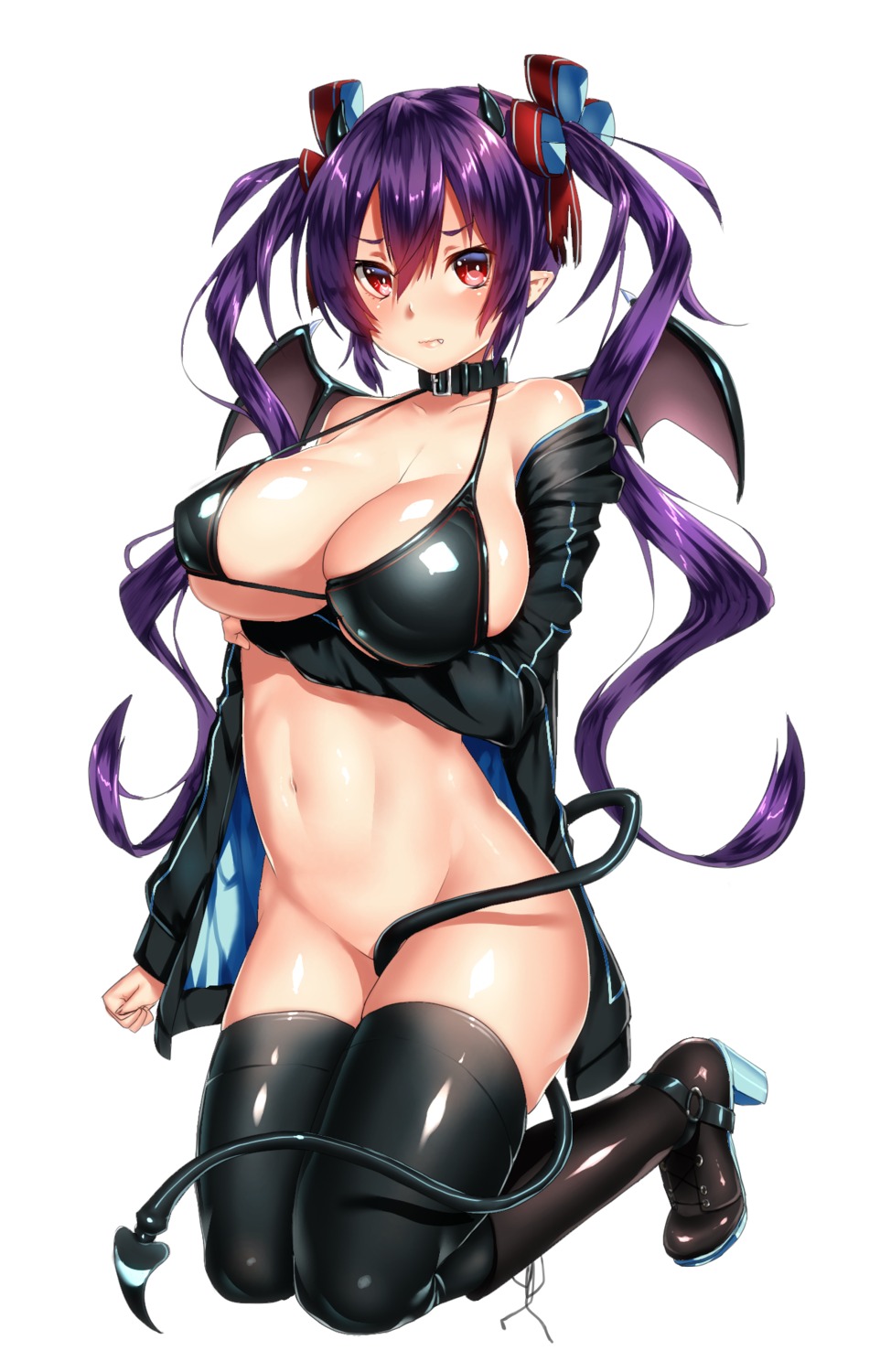 bikini_top bottomless breast_hold cleavage erect_nipples heels horns keita_(tundereyuina) open_shirt pointy_ears swimsuits tail thighhighs underboob wings