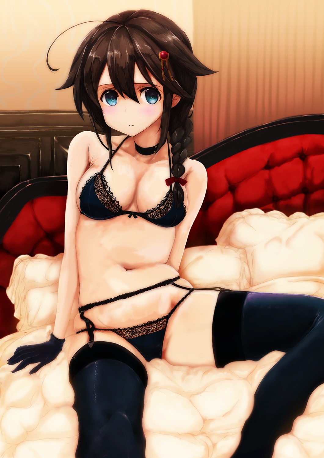 bra cleavage garter_belt kantai_collection nanai pantsu shigure_(kancolle) stockings thighhighs