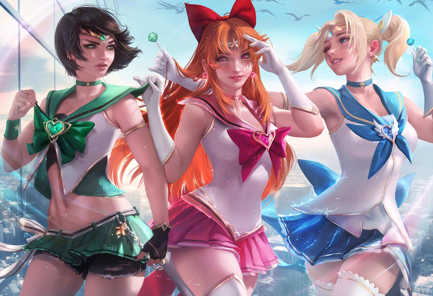 blossom bubbles buttercup cleavage cosplay powerpuff_girls sailor_moon sakimichan seifuku thighhighs torn_clothes