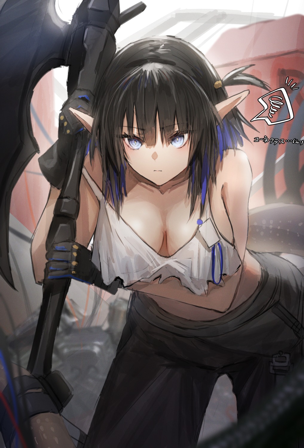 arknights eunectes_(arknights) no_bra pointy_ears see_through tagme torn_clothes weapon