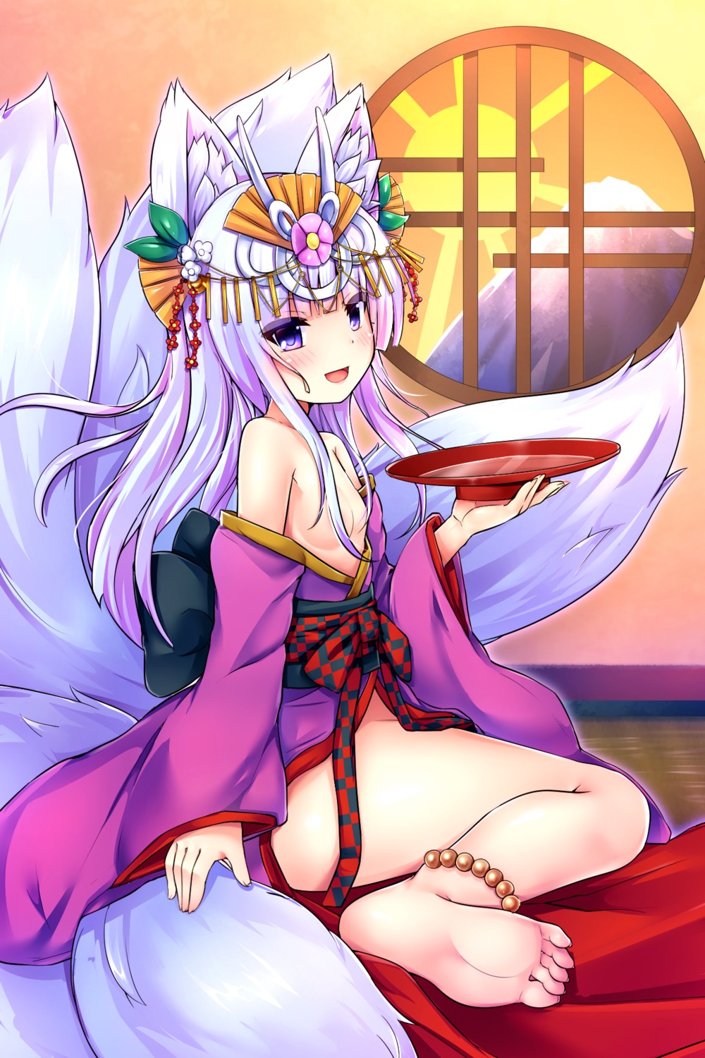 animal_ears feet kimono kitsune loli mitsuki_(puzzle_&_dragons) no_bra nopan open_shirt puzzle_&_dragons sake samoore tail